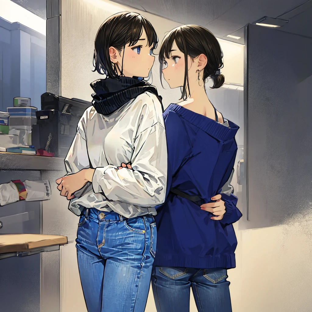 masterpiece, best quality, 1girl, freckles, body freckles, lesbian, very short hair, toned, skinny, jeans