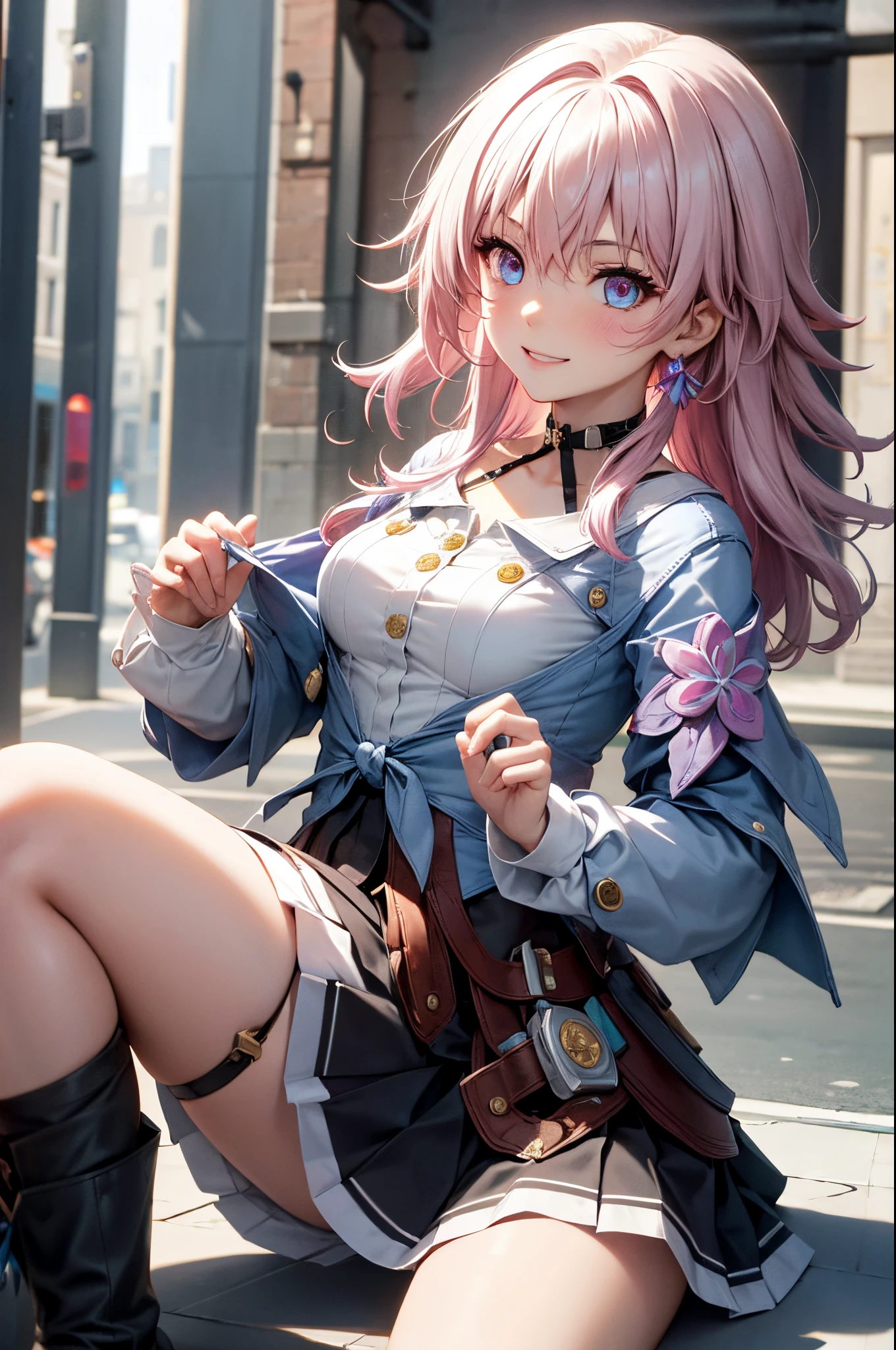 (masterpiece), best quality, expressive eyes, perfect face, 1 girl, solo, march seventh, blue eyes, hair between eyes, medium hair, pink eyes, pink hair, two-tone eyes, ankle boots, archery shooting glove, badge, bare legs, black choker, black corset, black footwear, black gloves, blue jacket, blue skirt, boots, button badge, buttons, choker, collarbone, corset, earrings, flower ornament, gloves, high heel boots, high heels, jacket, jewelry, long sleeves, miniskirt, partially fingerless gloves, pleated skirt, shirt, single earring, single glove, skirt, thigh strap, tied jacket, underbust, white shirt, smiling, city, background, futuristic city, sitting on the ground, knees up, upper body, portrait, looking at the viewer