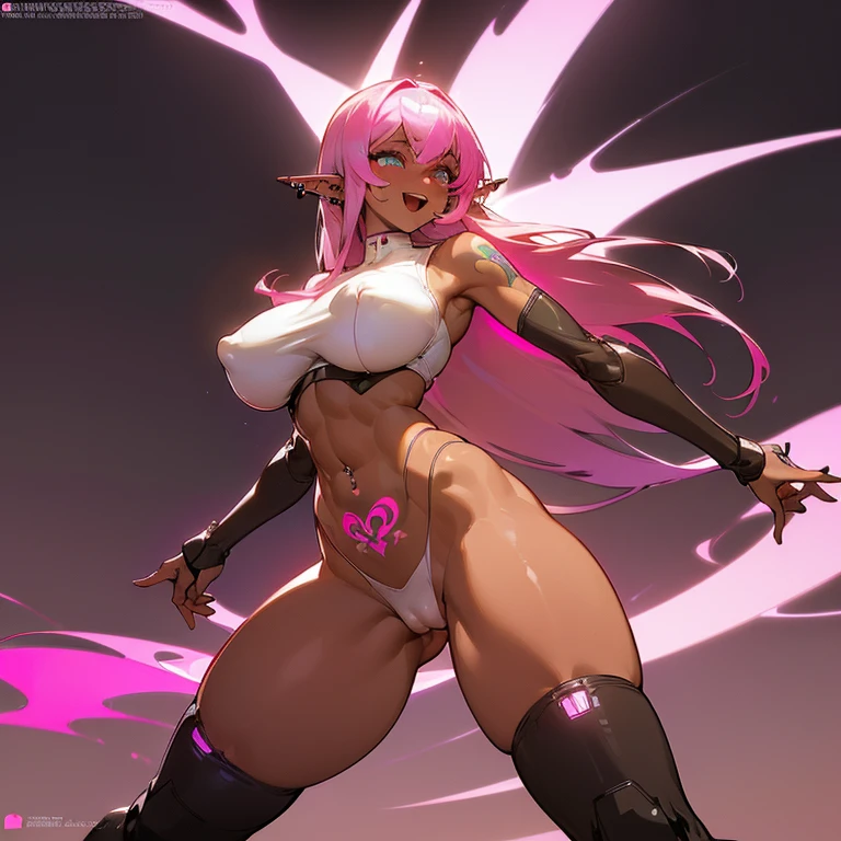 ((top-quality、8K,masterpiece:1.3))、Chest Sharp Focus:1.2、 (Beautiful elf with perfect figure:1.4)、 (Fluorescent pink long hair:1.5)、 (A detailed eye、Luminous Eyes、Downward eyes、二重まぶた、A slight smil、Open mouth and happy smile、Climax face and ecstatic face)、 (Tight cyberpunk suit:1.1)、(piercings:1.3)、(cybernetic knee high socks、cybernetic glove、zettai ryouiki)、 ((Huge breasts:1.4)、big areolae、Milk Away、Puffy nipple)、 ((Cameltoe:1.2)、(Tattoo on the glowing pubic area:1.4)、(abdominals:1.2)、(Big ass)、(thick thight:1.3))、 ((Brown skin tone:1.4)、(skin tanned:1.4)、5Fingered hand、Highly detailed facial and skin texture)、 (Sway Back Stance:1.3) 、 ((Cyberpunk City at night、colorful neon lights at night、Futuristic city at night)))、Perfect light、NSFW