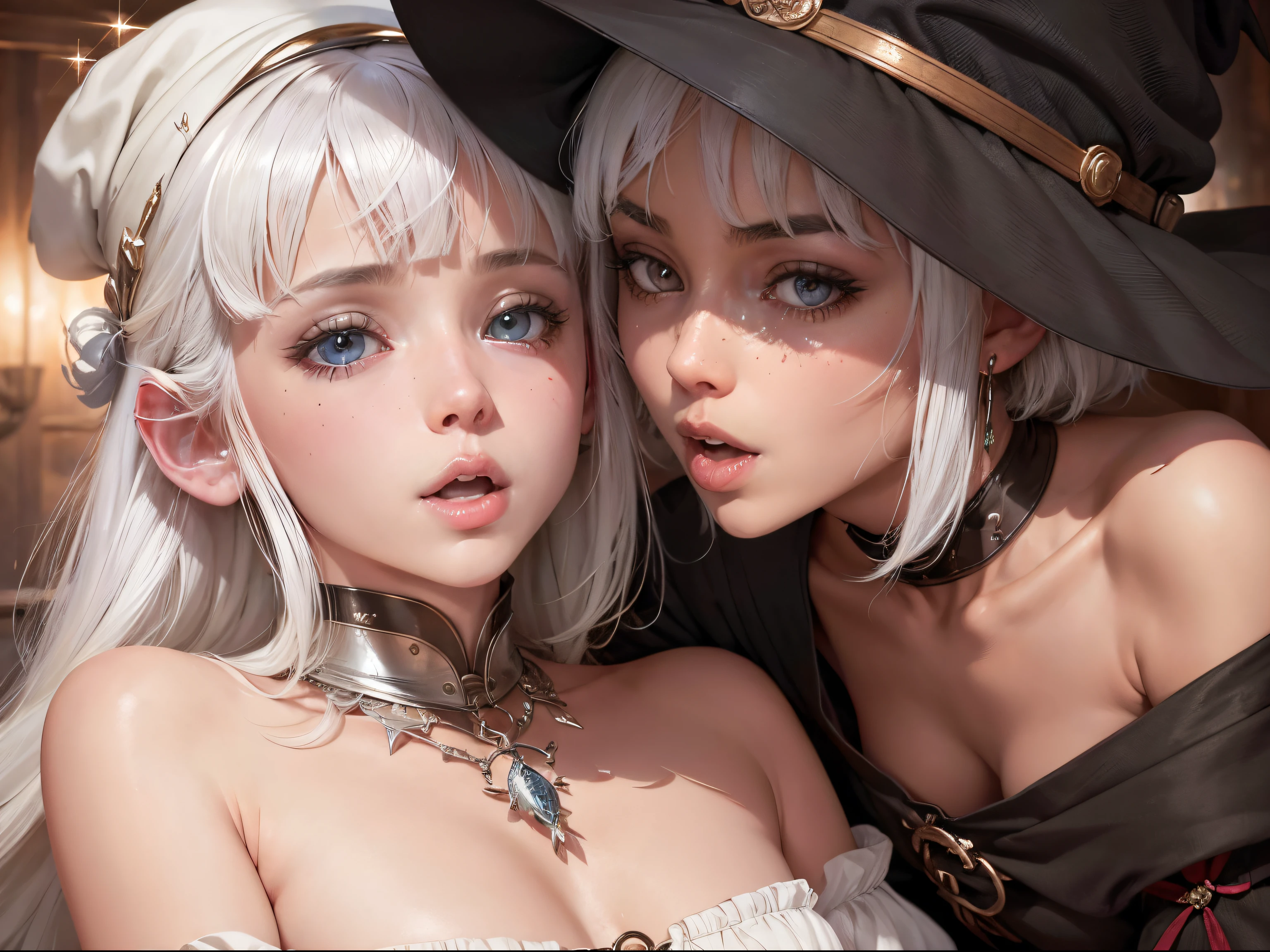 (masutepiece), (Piece of art), (Amazing work), (Detailed eyes), (Delicate skin), (Colorful eyes), (short white hair with bangs), (Sparkling eyes), (1girl in) ,(tiny chest),Skinny Legs,With witch's hat, oud, old, Wear extravagant medieval clothing, masutepiece, Best Quality, The best Desinger, Best Illustration,Lesbian couple,Lesbian couple,pissing