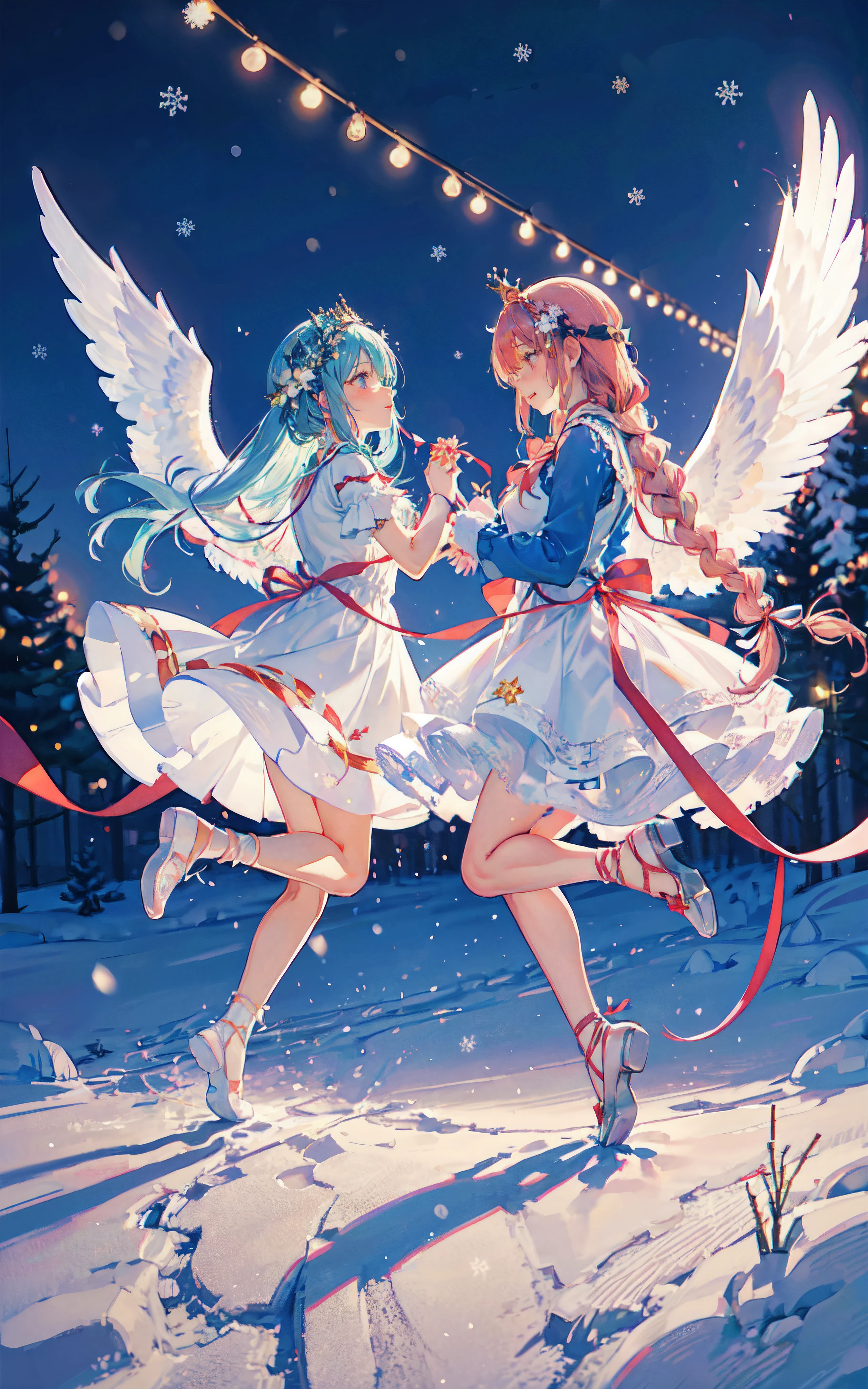 (Christmas mood), Two girls, red father christmas dress, pastel harmony garden, (Dynamic Pose), Short dress with pastel angel wings, Playful ruffles and layers add a whimsical touch, Flattering silhouette, A garland decorated with flowers is worn as a crown, Tie a ribbon around your braided hair, Lace-up sandals or ballet shoes with ribbons, Falling snow, yuki, (The main theme is a large Christmas fir tree), , Masterpieces,