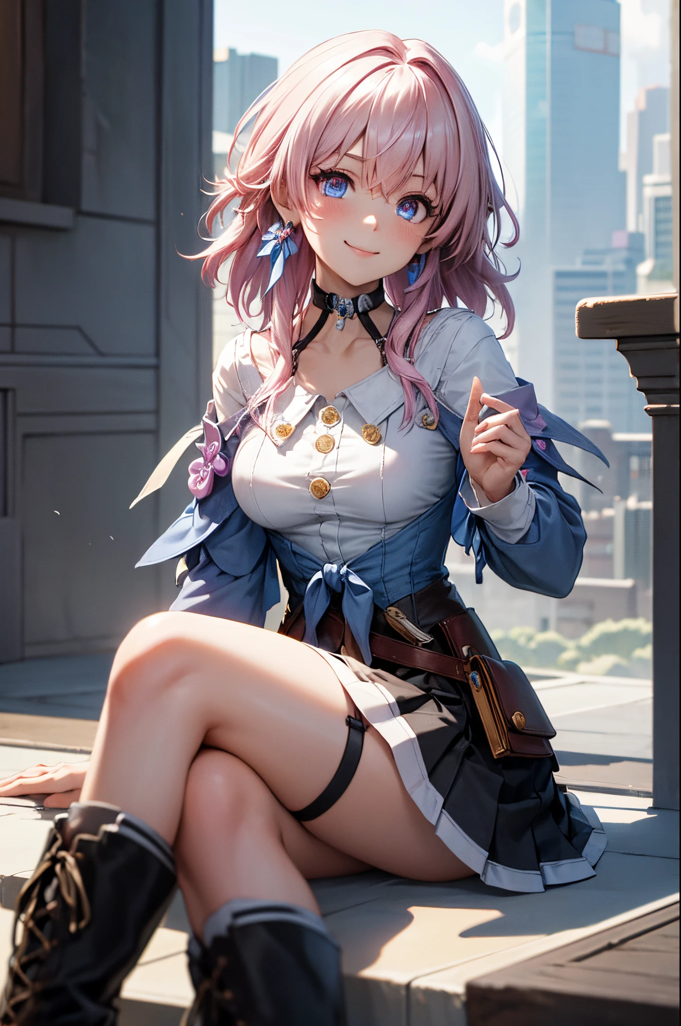 (masterpiece), best quality, expressive eyes, perfect face, 1 girl, solo, march seventh, blue eyes, hair between eyes, medium hair, pink eyes, pink hair, two-tone eyes, ankle boots, archery shooting glove, badge, bare legs, black choker, black corset, black footwear, black gloves, blue jacket, blue skirt, boots, button badge, buttons, choker, collarbone, corset, earrings, flower ornament, gloves, high heel boots, high heels, jacket, jewelry, long sleeves, miniskirt, partially fingerless gloves, pleated skirt, shirt, single earring, single glove, skirt, thigh strap, tied jacket, underbust, white shirt, smiling, city, background, futuristic city, sitting on the ground, knees up, upper body, portrait, looking at the viewer