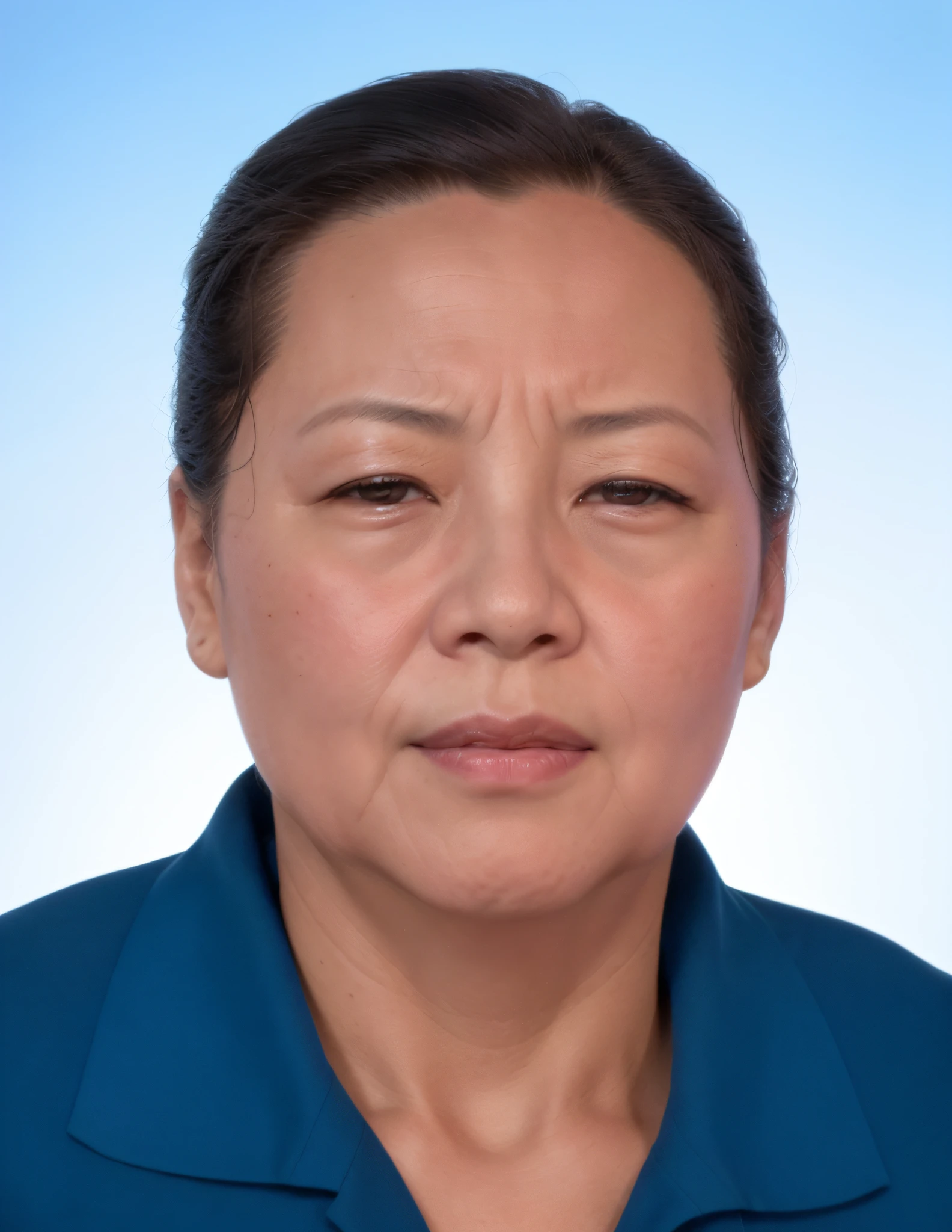 arafed photo of a woman with a blue shirt and a white collar, portrait of christy ren, jiyun chae, head and shoulder portrait, mei-ling zhou, Yun Ling, representative portrait, Qiu Fang, xiaofan zhang, inspired by Min Zhen, pengzhen zhang, inspired by Jiao Bingzhen, inspired by Lin Tinggui, kan liu