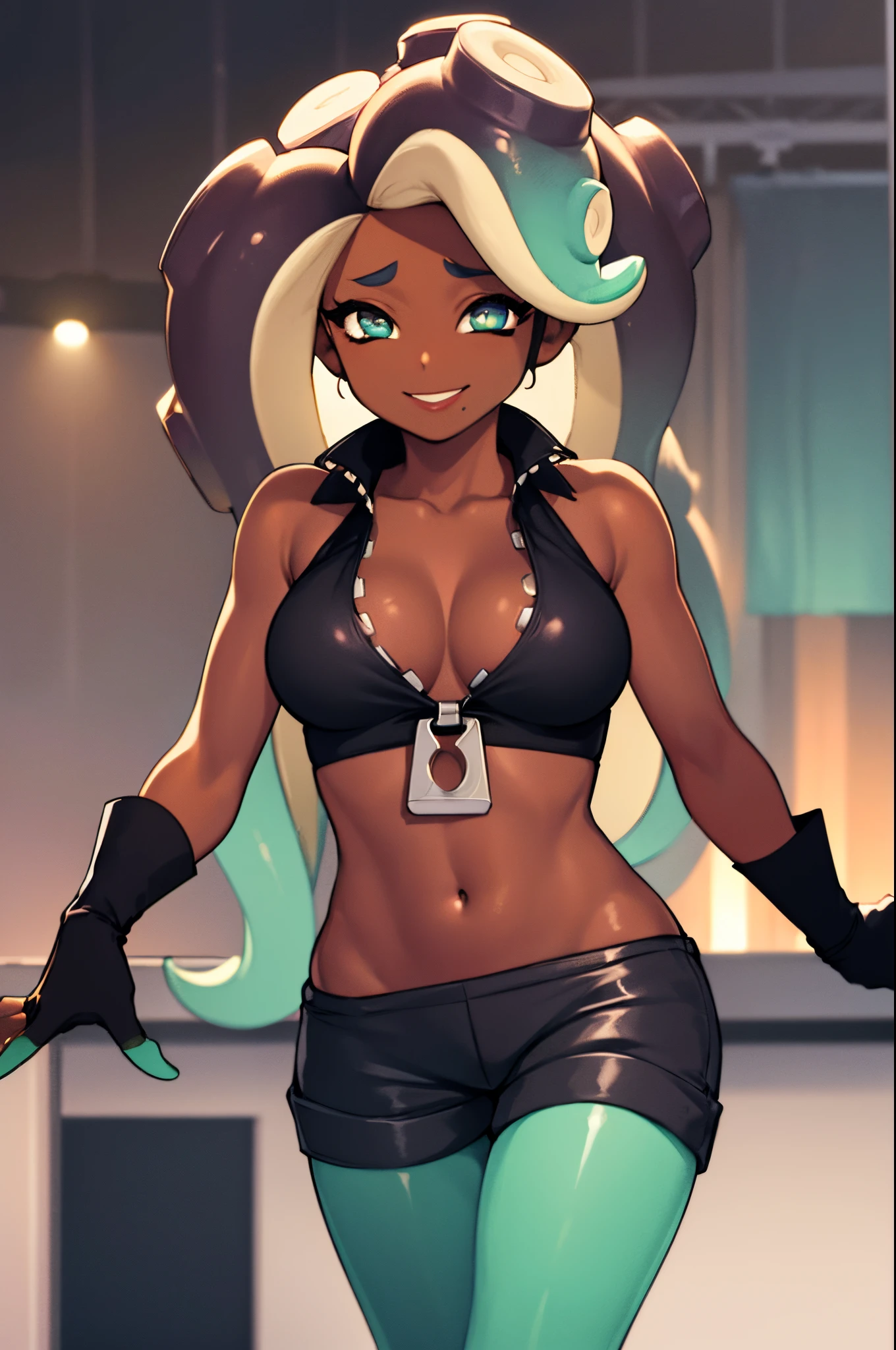 (masterpiece, best quality:1.2), cowboy shot, solo, 1girl, marina, dark skin, dark-skinned female, smile, looking at viewer, tentacle hair, black crop top, vest, shorts, green pantyhose, gloves, cleavage, on stage, behind DJ table,