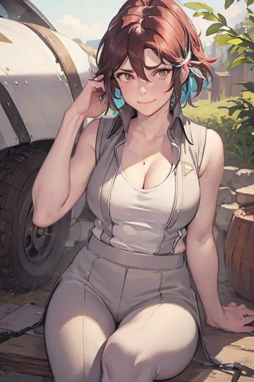 (high resolution), (em 8K), (detalhe extremo), (best illustration), (belo detalhe), (melhor qualidade), (masseter part), ( rosto detalhado), One piece、us、cabelo cor roxa 、O de cabelos compridos、tops、Gender、Realistic rendering of anime girl, Olhar travesso、Um sorriso (peito grande: 1.4) popular em CGStation, 4K,destaque no olhar o fundo de)), huge tits
