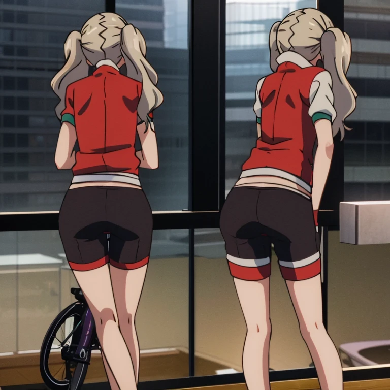 Bike shorts, bending over, boob Windows, view from behind, (((1 girl)))