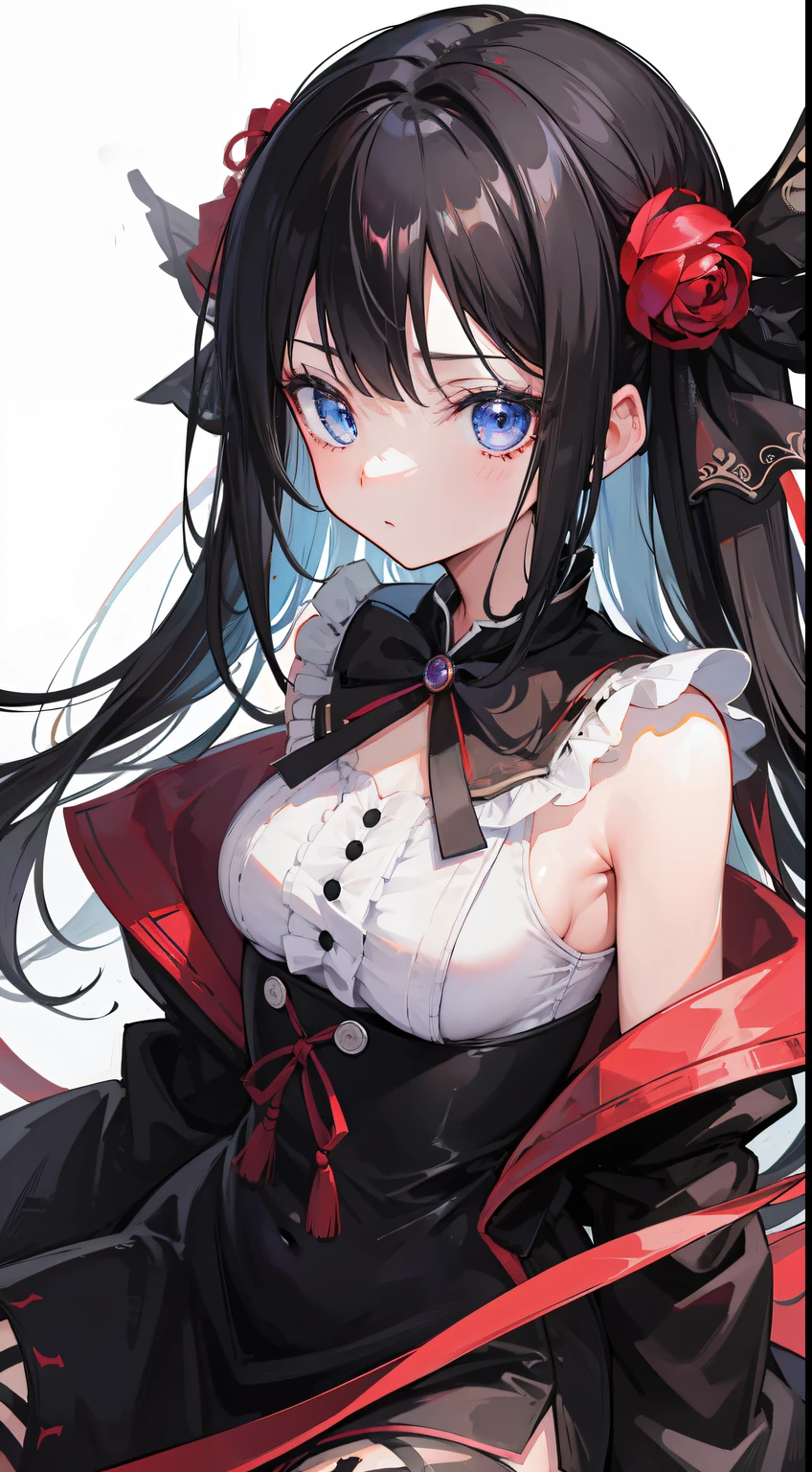 High quality, masterpiece, ultra-detailed, black pantyhouse, red lingerie, red panties, choker, headress, 1girl, solo, peaceful expression, long black hair, enchanting blue eyes, fox ears, big breasts, bedroom
