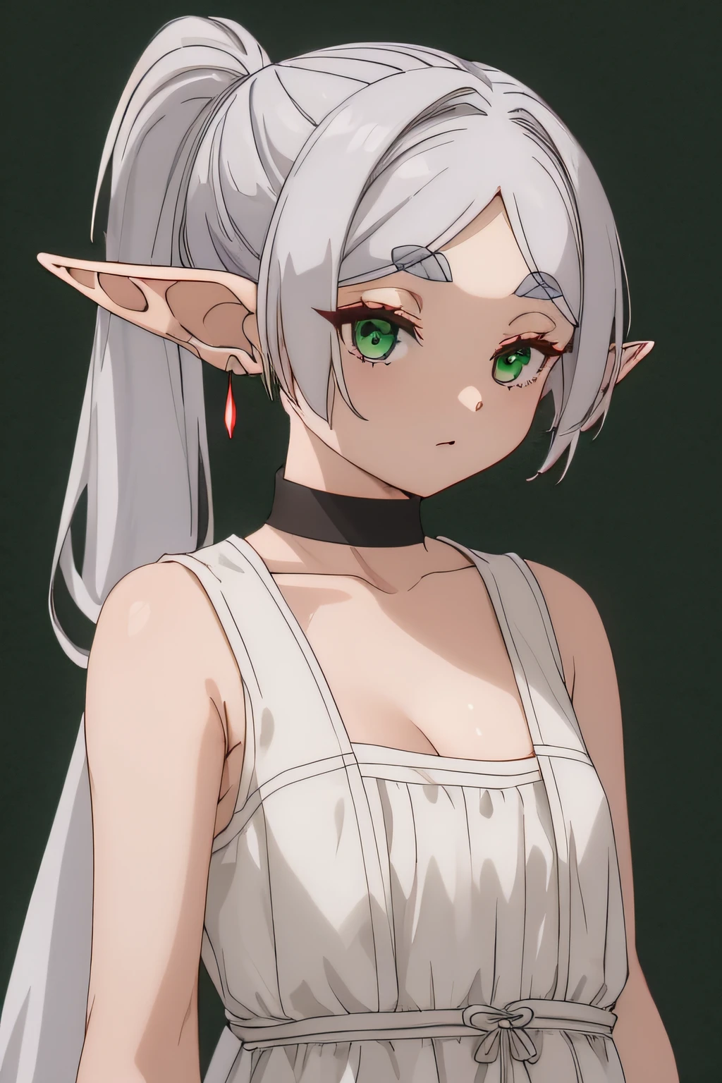 èèè®,1girl in,Solo,elf,White hair,Grey Hair,Early Leaveless Dresses,White Dress,Sleeveless dress,Bare shoulders,鎖骨,nffsw,pointy ear,Long hair,Ponytail,Green eyes,Twin-tailed,Parted bangs,Thick eyebrows,NSFW ni,Small breasts,cleavage,arms behind back,, 20yr old,infp young woman,Beautiful Finger,Beautiful long legs,Beautiful body,Beautiful nose,Beautiful character design, Perfect eyes, Perfect face,Expressive eyes,
Looking at Viewer,
Official art,Highly detailed CG Unity 8K wallpaper, Perfect Lighting,Colorful, Bright_front_Face_Lighting,Shiny skin, 
(masutepiece:1.0),(best_quality:1.0), 超A high resolution,4K,Ultra-detailed,
Photography, 8K, nffsw, hight resolution, absurderes:1.2, Kodak Portra 400, Film grain, Blurry background, Bokeh:1.2, Lens Flare, (Vibrant_Color:1.2), (Beautiful_Face:1.5),(narrow_waist), ,NSFW,, Exquisite visuals, hight resolution,masutepiece,Best Quality,