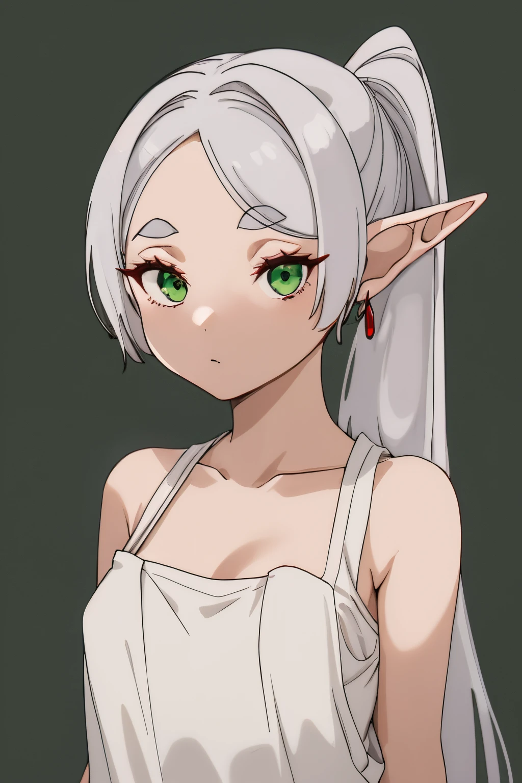 anime artwork, score_9, score_8_climb, score_7_climb, score_6_climb, score_5_climb, score_4_climb,Frozen, 1 girl, green eyes, gray hair, Twintail, pointed ears, eyebrow, earring \\\\\\ \\\\\ ,Nude, no shirt, naked, small breasts