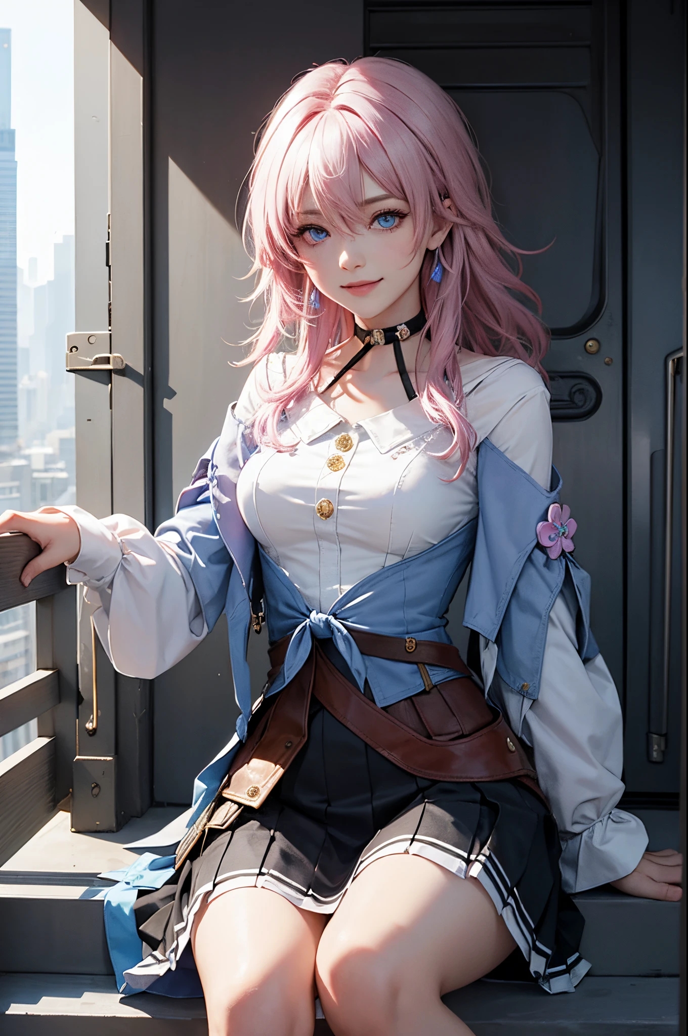 (masterpiece), best quality, expressive eyes, perfect face, 1 girl, solo, march seventh, blue eyes, hair between eyes, medium hair, pink eyes, pink hair, two-tone eyes, ankle boots, archery shooting glove, badge, bare legs, black choker, black corset, black footwear, black gloves, blue jacket, blue skirt, boots, button badge, buttons, choker, collarbone, corset, earrings, flower ornament, gloves, high heel boots, high heels, jacket, jewelry, long sleeves, miniskirt, partially fingerless gloves, pleated skirt, shirt, single earring, single glove, skirt, thigh strap, tied jacket, underbust, white shirt, smiling, city, background, futuristic city, sitting on the ground, knees up, upper body, portrait, looking at the viewer