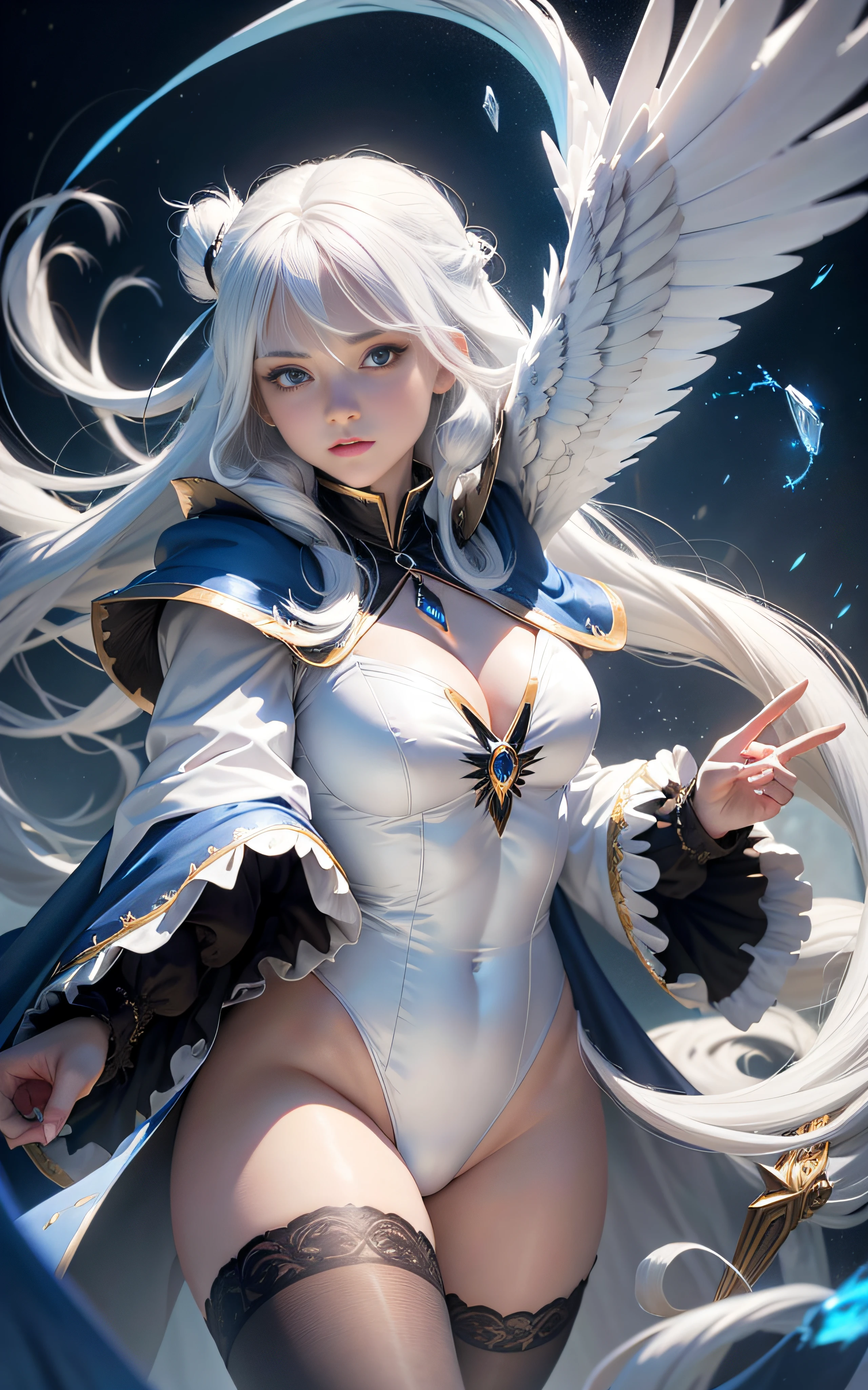 white hair, long hair pony tail with a ribbon, blue eyes, magician, heavy fur cape, long sleeves, long legs, dark brown pantyhose, white leotard, sapphire gem necklace, casting spell in midair, bird-like spell effects