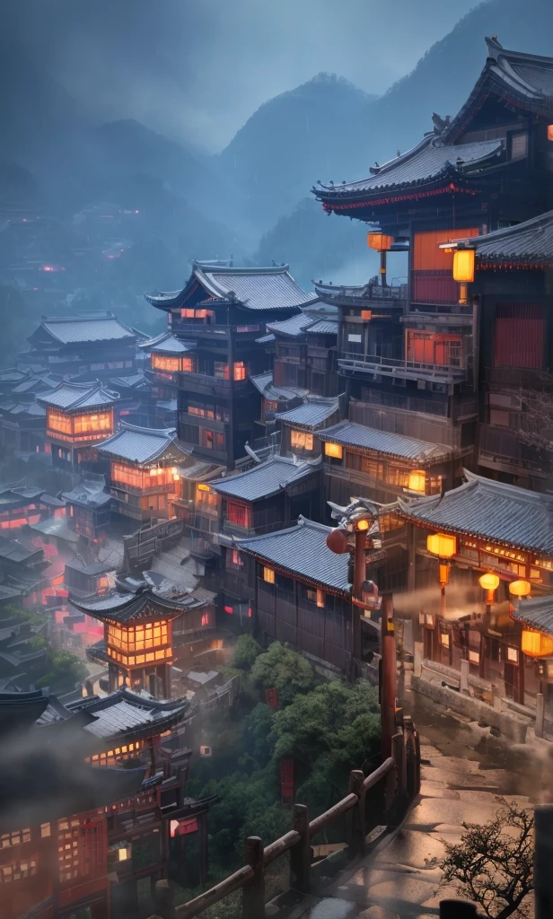 arafed view of a village with a lot of lights on the buildings, dreamy chinese town, chinese village, amazing wallpaper, japanese town, japanese village, hyper realistic photo of a town, old asian village, japanese city, by Raymond Han, rainy evening, cyberpunk chinese ancient castle, beautifully lit buildings, at evening during rain, beautiful and aesthetic, photography, cinematic, 8k, high detailed ((Heavy rain)))