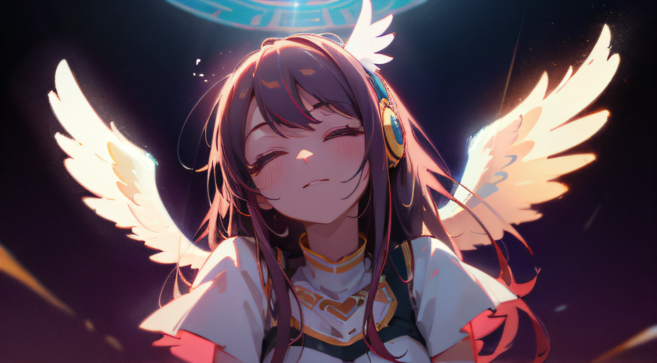 tmasterpiece,  Best quality, , (Alone), 1 busty girl, Look up,the angel's wings，White hair，with headphones on，sing