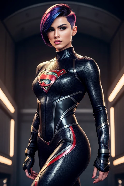 4k highly detailed realistic female superhero dressed in cropped carbon fiber, colorful hair in a short undercut bob hairstyle, hair covering one eye, ((sharp Jawline)), (full body Including Legs), Seduction and fantastic poses