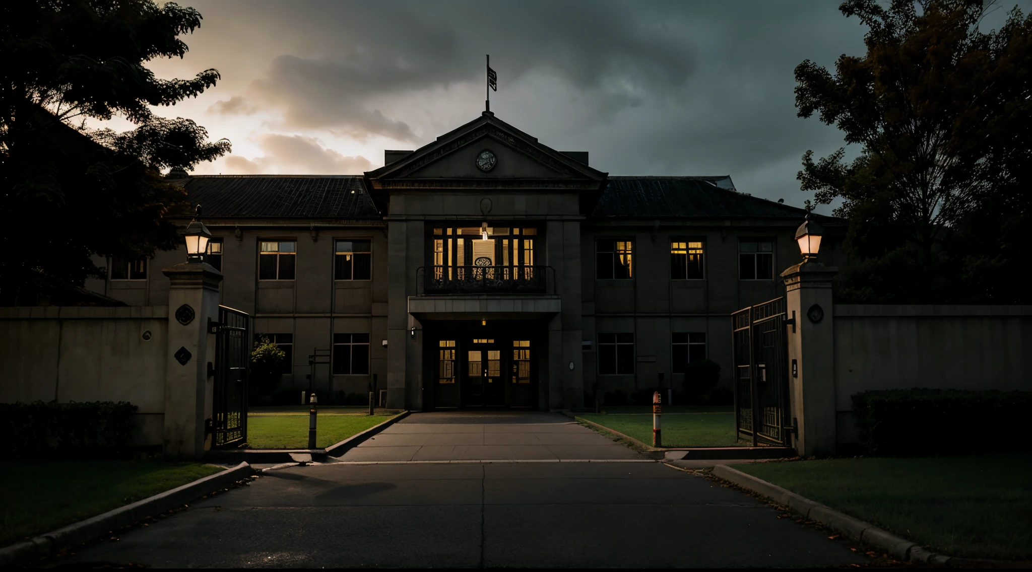 Gloomy school, dark night, outside, school entrance, school building