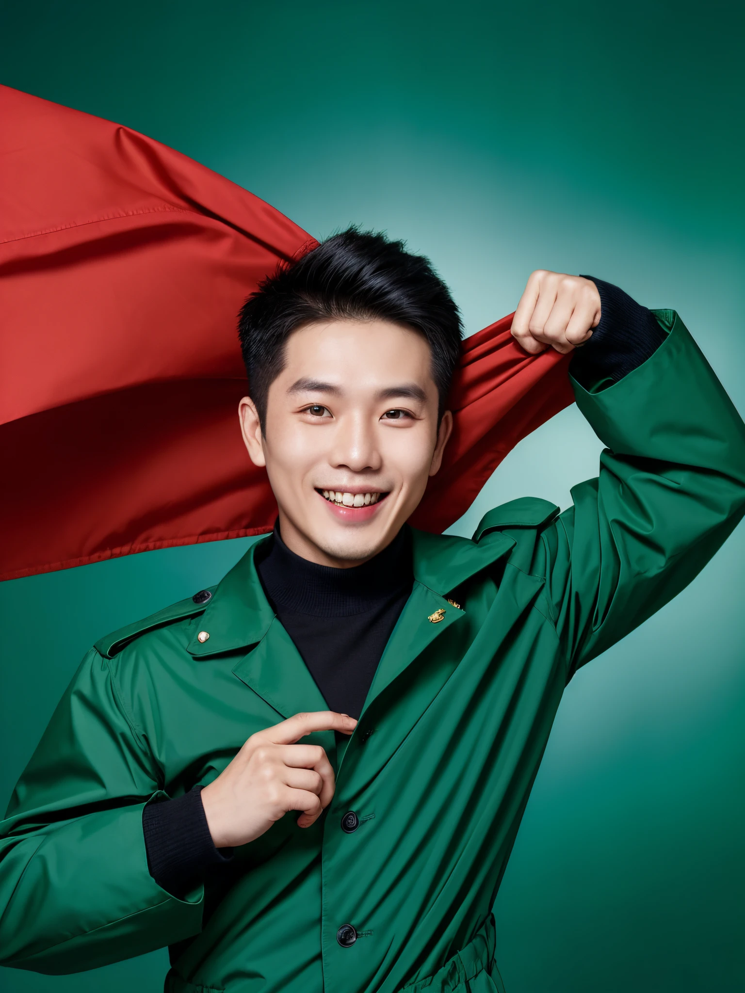 strong 27 year-old Vietnamese man with big shoulder, wear a green winter windbreaker, smile emotion, studio picture, bright background, short black hair