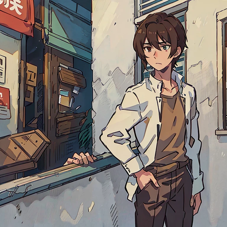 A tall anime guy with brown hair, he is standing on a balcony.