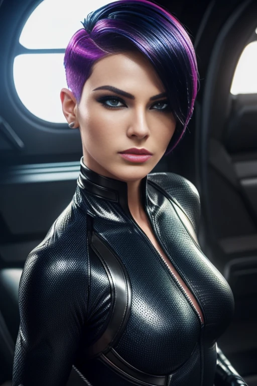 4k highly detailed realistic female supervillain dressed in cropped carbon fiber, colorful hair in a short undercut bob hairstyle, hair covering one eye, ((sharp Jawline)), (full body Including Legs), Seduction and fantastic poses