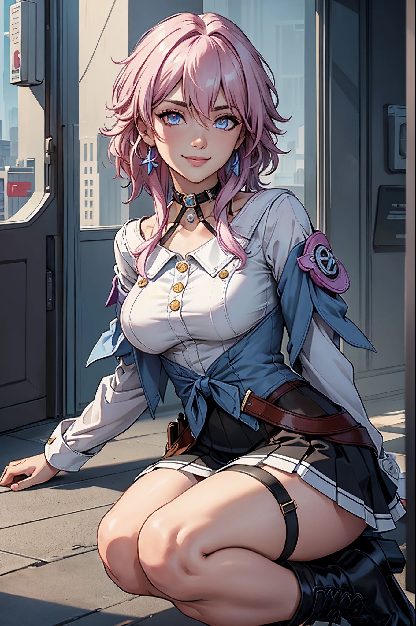 (masterpiece), best quality, expressive eyes, perfect face, 1 girl, solo, march seventh, blue eyes, hair between eyes, medium hair, pink eyes, pink hair, two-tone eyes, ankle boots, archery shooting glove, badge, bare legs, black choker, black corset, black footwear, black gloves, blue jacket, blue skirt, boots, button badge, buttons, choker, collarbone, corset, earrings, flower ornament, gloves, high heel boots, high heels, jacket, jewelry, long sleeves, miniskirt, partially fingerless gloves, pleated skirt, shirt, single earring, single glove, skirt, thigh strap, tied jacket, underbust, white shirt, smiling, city, background, futuristic city, sitting on the ground, knees up, upper body, portrait, looking at the viewer