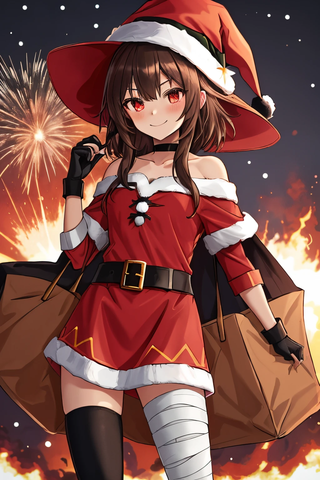 Megumin, Crazy Wizard, 1 girl, Solo, Brown hair, long short hair, Red Eyes, blush, Evil smile, Black Choker, 鎖骨, flat chest, Brown cloak, Black Gloves, Fingerless gloves, brown belt, gold trim, (Asymmetrical legs: 1.4), Unparalleled legwear, (Bandaged Legs: 1.3), Black thighs, High quality, High resolution. ((Outdoors)), (Red Santa Dresses:1.3), (witch's hat:1.2), (Red Santa Hats:1.2), (christmas party background:1.2), (big explosion background:1.3), (he has a big white bag in his hand:1.3)