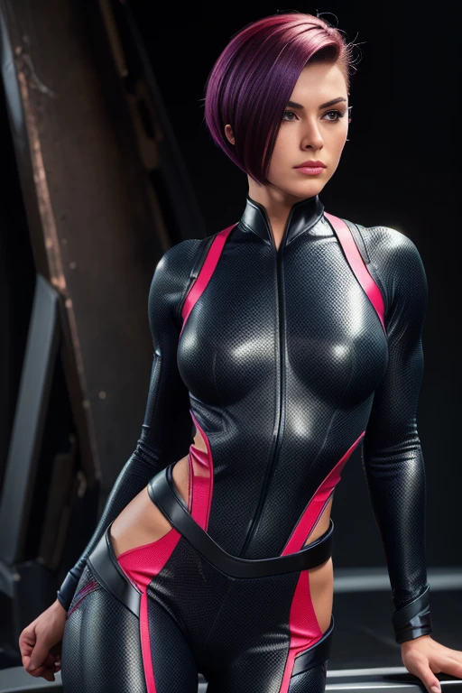 4k highly detailed realistic female superhero dressed in cropped carbon fiber, colorful hair in a short undercut bob hairstyle, hair covering one eye, ((sharp Jawline)), (full body Including Legs), Seduction and fantastic poses