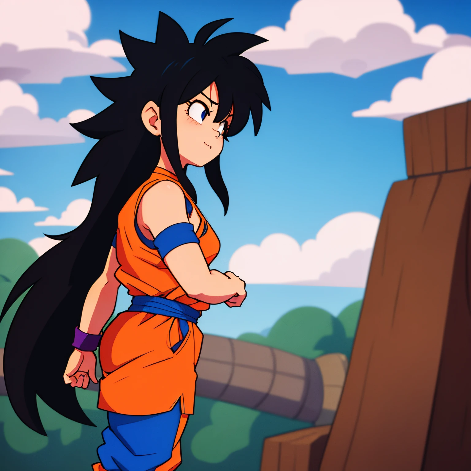 child of Chi Chi and son goku, black hair, bangs, sidelocks, long hair, slightly spiky hair, 1girl, solo, forest, blue sky, day, clouds, nice lighting, outfit similar to Goku, blue under shirt, Orange Gi, blue wrist bands, blue sash belt, baggy orange pants, blue boots, black eyes, Saiyan tail