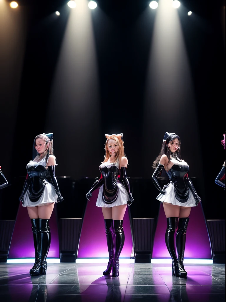 Group of latex waitresses in long gloves and high boots stand on stage