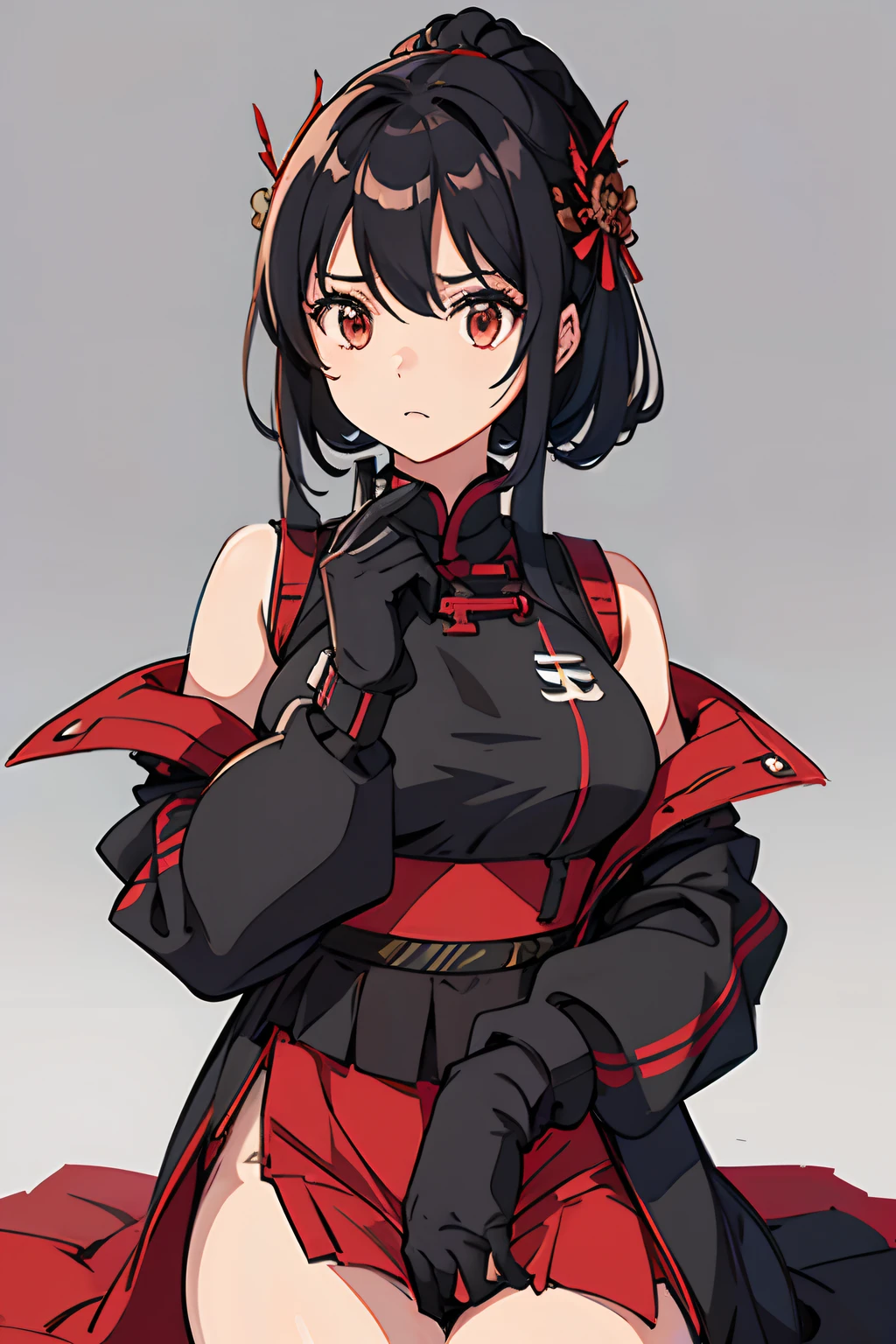 A girl wearing feudal Asian style tech clothing, medium lenght hair, Seductive look, Blank background, Cover shooting, Detailed pubic hair, coarse, hard outline, a sketch