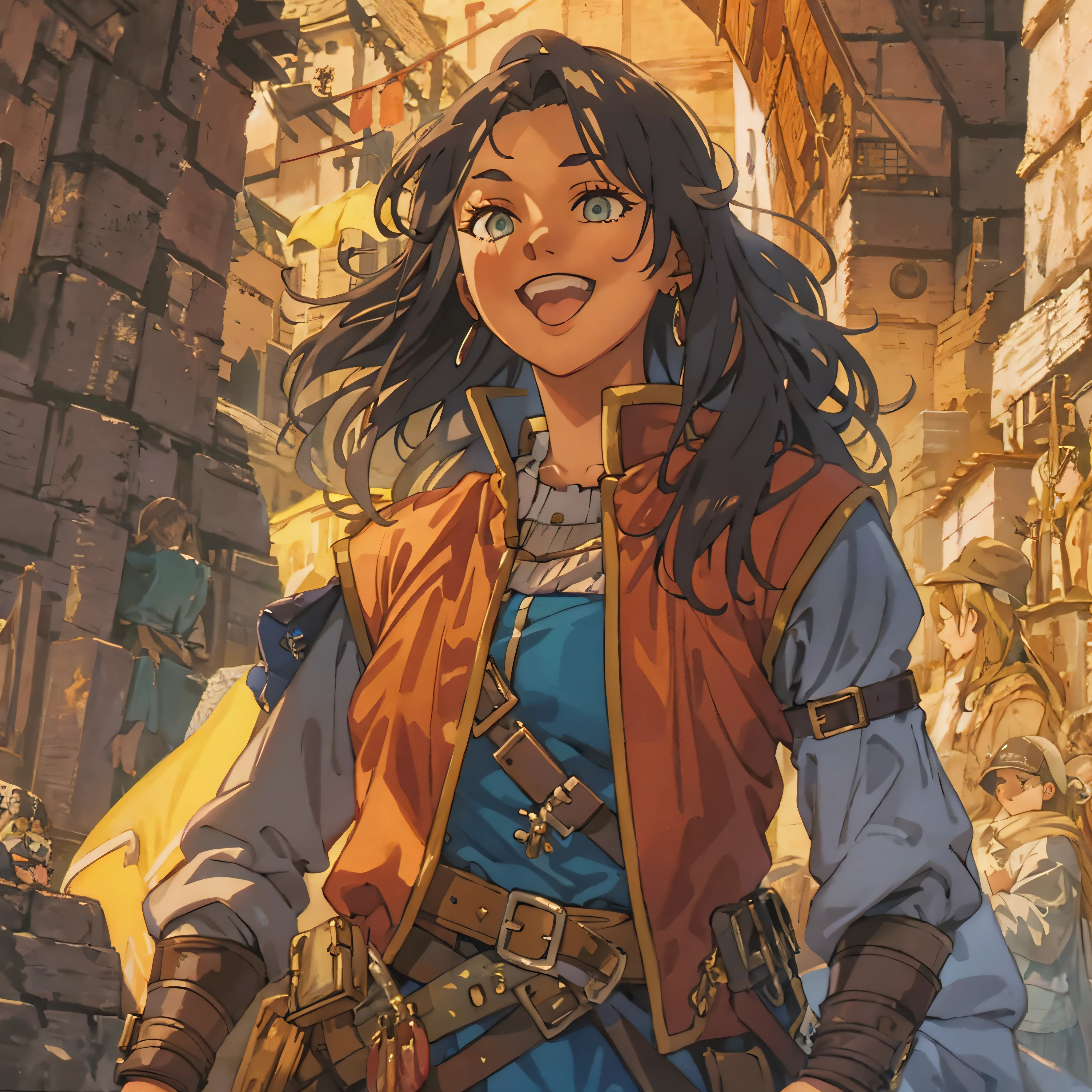 Portrait of a Solo heroic female adventurer in a medieval high fantasy ISEKAI setting, vibrant colors, upbeat tone, energetic, happy to see you, 90's, vintage feel