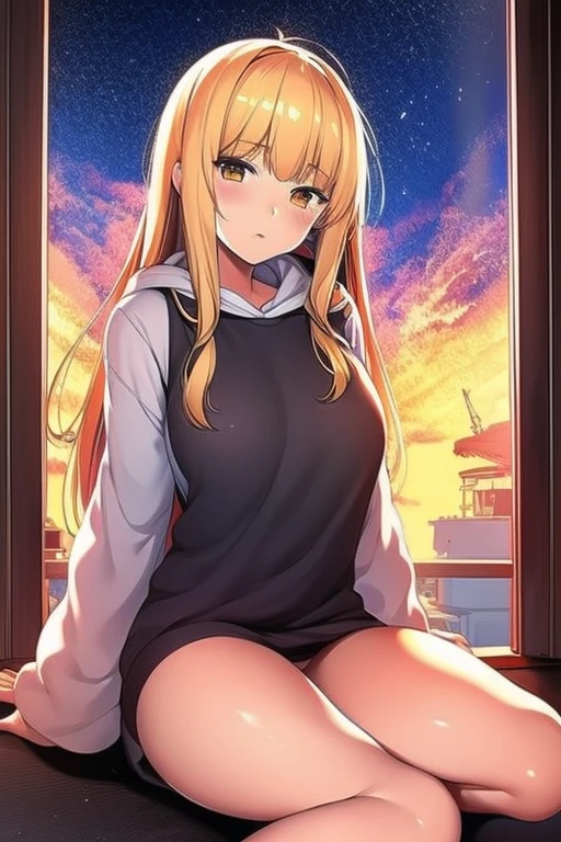I was holding a book I was reading before setting it down. The moon shining elegantly through the window behind me as I sat there with my long and wavy golden blonde hair that glowed it's beautiful molten golden color as it flowed down my shoulders and back under the moonlight and the same with my golden eyes. My soft face stared curiously at her as I wore my usual very large and fluffy white hoodie with the golden sun on at, the golden patterns of rays of sunlight cascading down it's design with two black thunderbolts going down each of the sides and sleeves of the hoodie as I wore my grey sweatpants and white Geta sandles as well. I'd look up confusedly at him as I sat there.