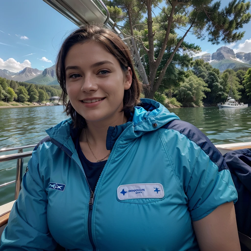 smiling woman in blue jacket on a boat with trees in the background, this person does not exist, a mountain look like a women, short and stocky body, frumpy figure, very thin lips, butch lesbian, androgynous, short brown hair, sqaure shaped head, pale skin, weathered face, entire body visible