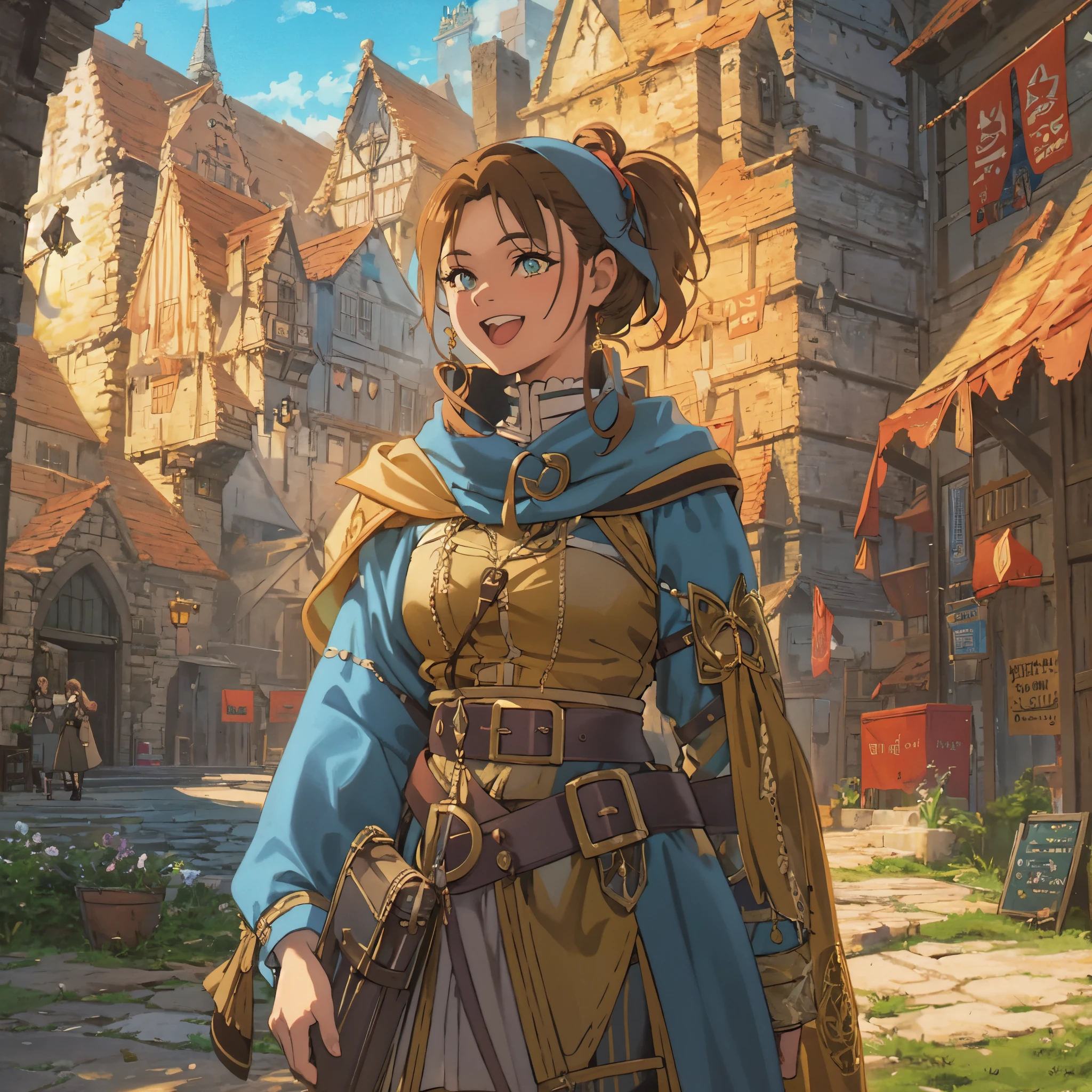 Portrait of a Solo heroic female adventurer in a medieval high fantasy ISEKAI setting, vibrant colors, upbeat tone, energetic, happy to see you, 90's, vintage feel