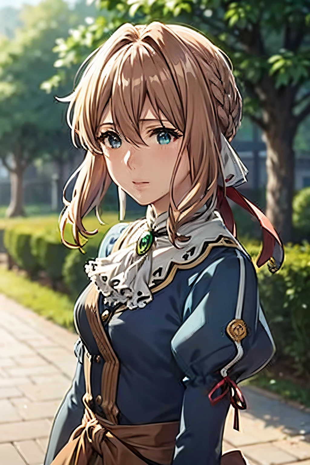 Violet Evergarden,masutepiece, Best Quality, 1girl in, Solo, Blonde hair, Blue eyes, hair between eye, Looking at Viewer, bow ribbon, Red Ribbon, braid, Hair Ribbon, Blue T-shirt, Jewelry, Bangs, Outdoors, brooches, Hair intake, Anime coloring, ascot, Blurry background, Blurry, White Ascot, tree, Closed mouth, Portrait, Day Grastry Detailed CG, ( Perfect Anatomy),living、extremely details CG, ( Perfect Anatomy),A sense of life