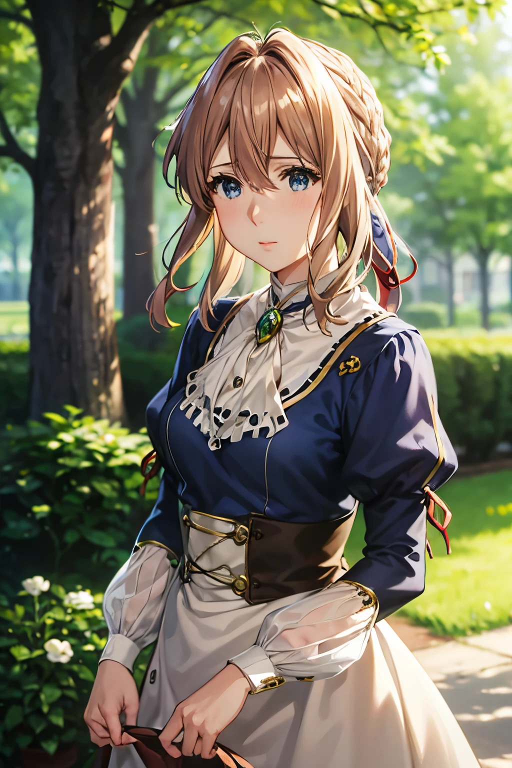 Violet Evergarden,masutepiece, Best Quality, 1girl in, Solo, Blonde hair, Blue eyes, hair between eye, Looking at Viewer, bow ribbon, Red Ribbon, braid, Hair Ribbon,  Blue T-shirt, Jewelry, Bangs, Outdoors, brooches, Hair intake, Anime coloring, ascot, Blurry background, Blurry, White Ascot, tree, Closed mouth, Portrait, Day Grastry Detailed CG, ( Perfect Anatomy),living、extremely details CG, ( Perfect Anatomy),A sense of life