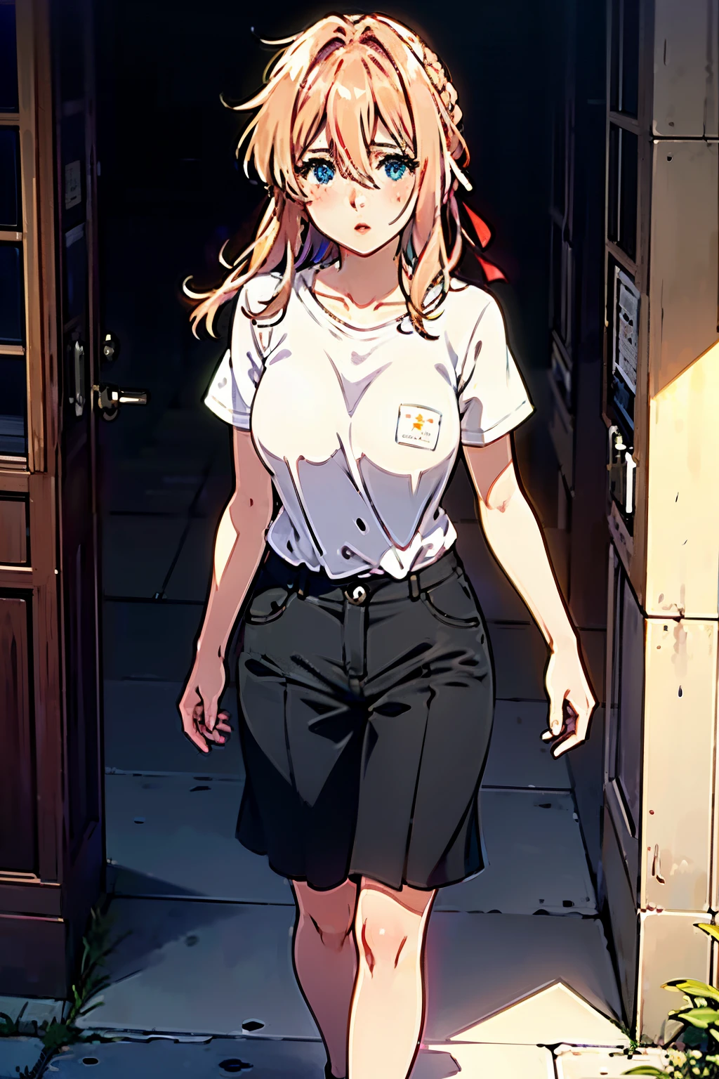 Violet, 1girl in, White shirt, Black shorts, shirt tug, Short sleeve, Shirt, Solo, Long hair, Looking at Viewer, Full body, blush, Blue eyes, Blonde hair, bow ribbon, hair between eye, Hair Ribbon, Parted lips, Red Ribbon, Hair intake, Big Breast, Mature Woman,