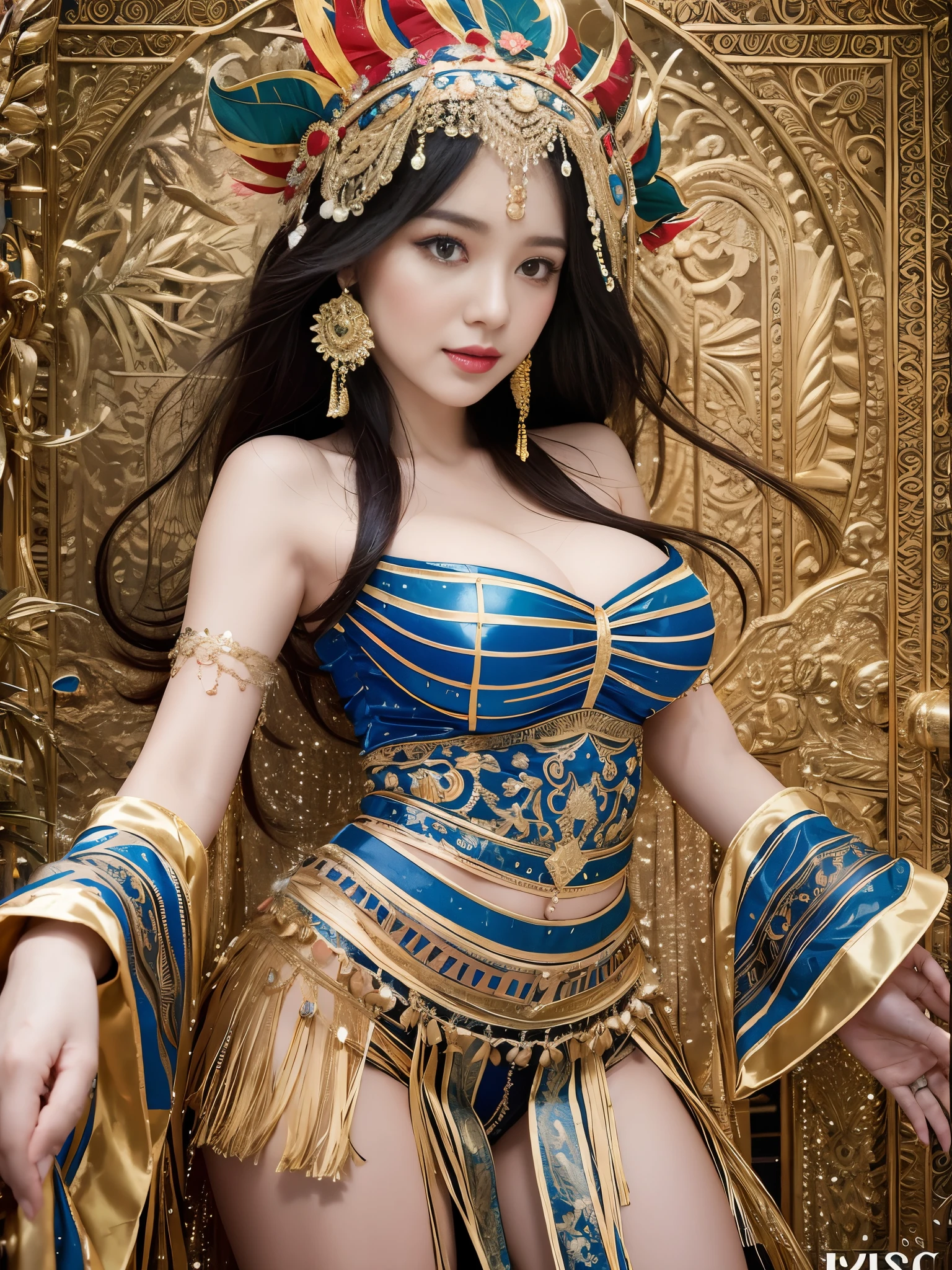 asian woman in a sari posing for a picture, asian goddess, traditional beauty, asian, beautiful goddess, ornate cosplay, asian style, asian super model, beautiful maiden, gorgeous woman, south east asian with long, provocative asian, gorgeous beautiful woman, intricate outfit, hindu aesthetic, beautiful asian girl, extremely detailed goddess shot, jaw-dropping beauty, (small breasts) deep cleavage sexy navel