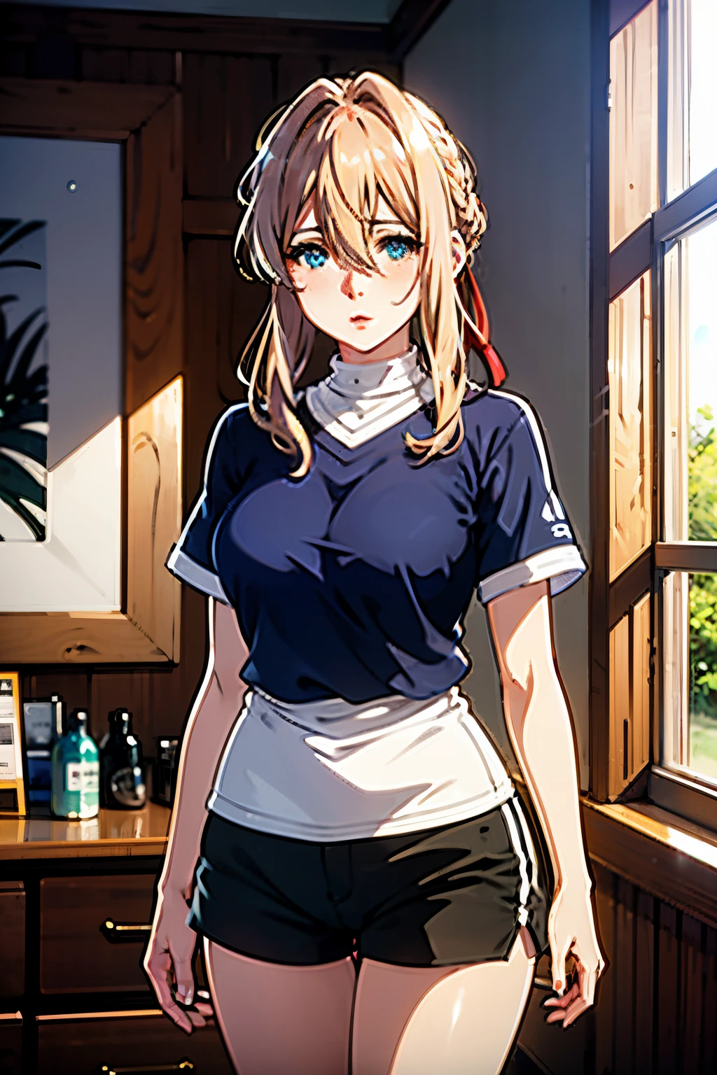 Violet, 1girl in, White shirt, Black shorts, shirt tug, Short sleeve, Shirt, Solo, Long hair, Looking at Viewer, Full body, blush, Blue eyes, Blonde hair, bow ribbon, hair between eye, Hair Ribbon, Parted lips, Red Ribbon, Hair intake, Big Breast, Mature Woman,
