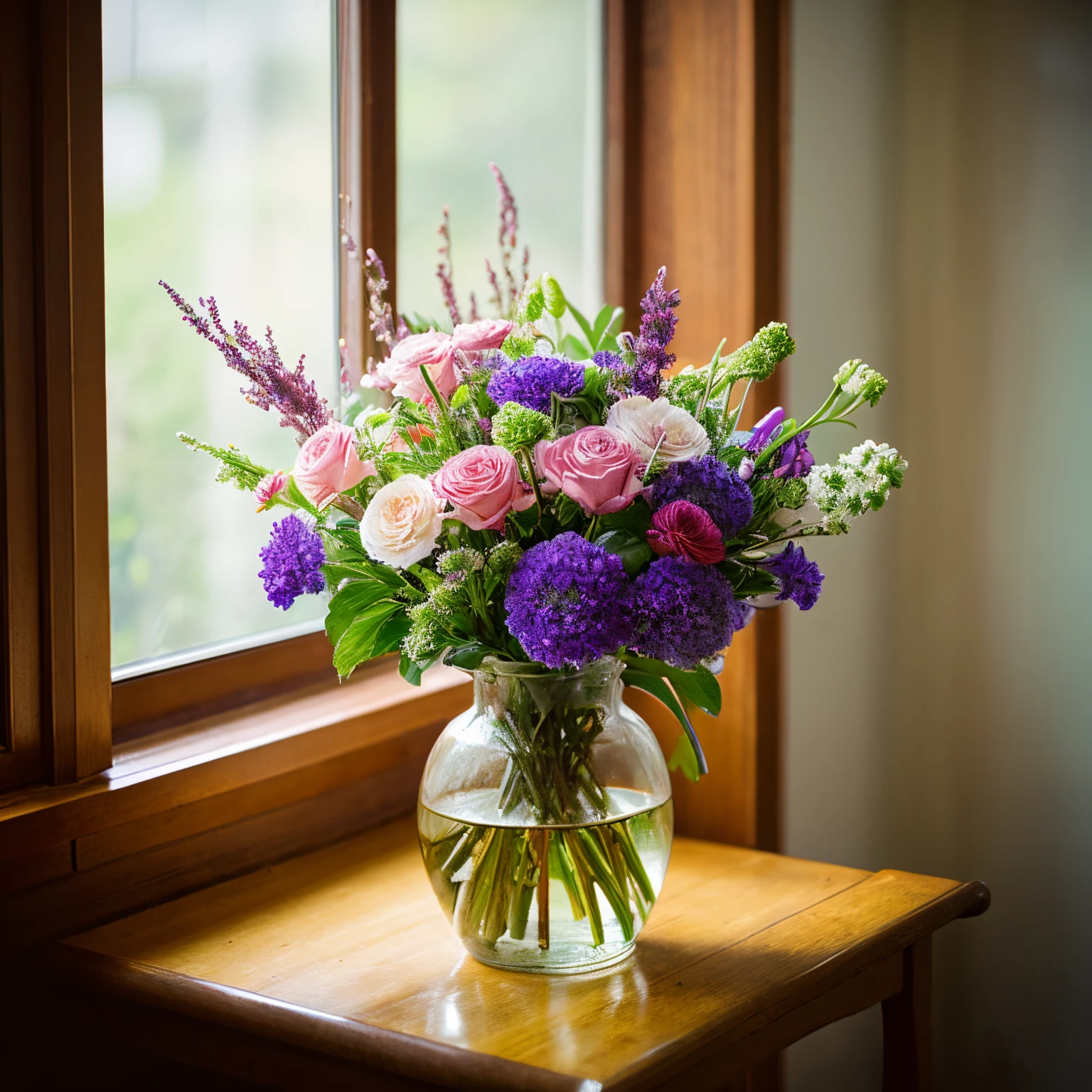flower bouquet、by the window、The language of flowers is gratitude、8k、Best Quality、