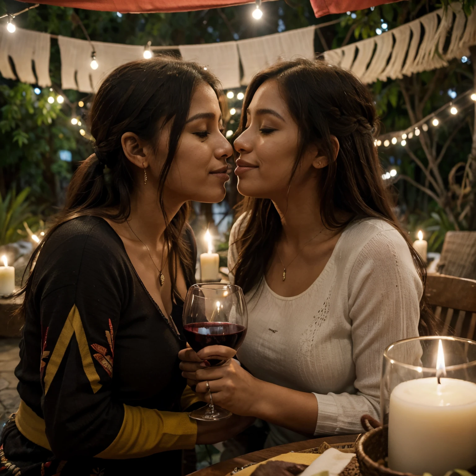 A couple of lovers from Ecuador kissing each other. They are in love. They look happy. The woman has a cup of wine in her hand. There are candles all over the place. They are surrounded by native nature and animals.