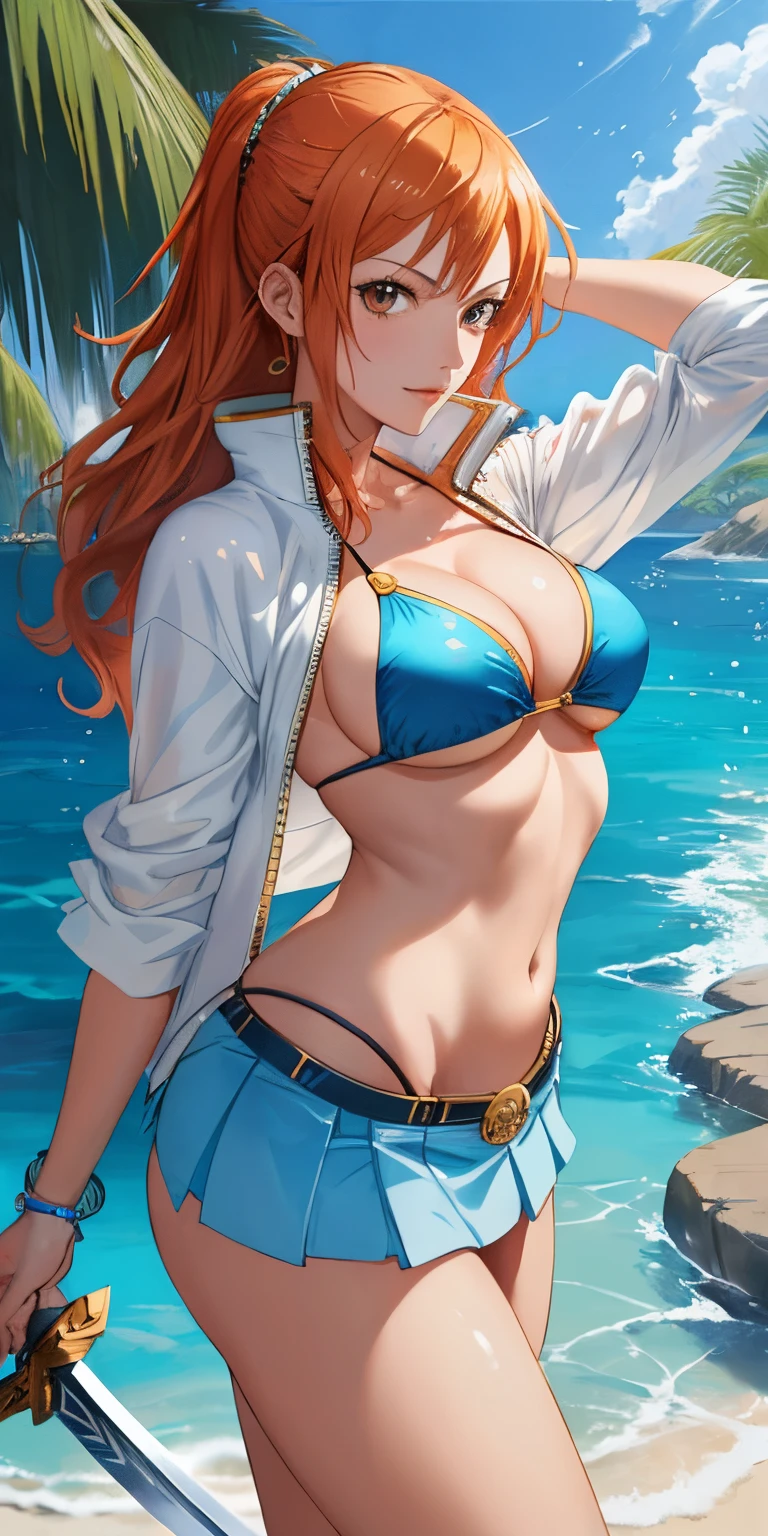 An arafe woman wearing a bikini top and super miniskirt and holding a sword, nami one piece, beautiful portrait of nami, Nami of one piece,Nami in super miniskirt, Detailed Digital Anime Art, Cute exirobat showing white pants, Very detailed ArtGerm haha, deviantart artstation cgscosiety, realistic bikini, Swimsuit, fanart best artstation, ArtGerm. high detailing