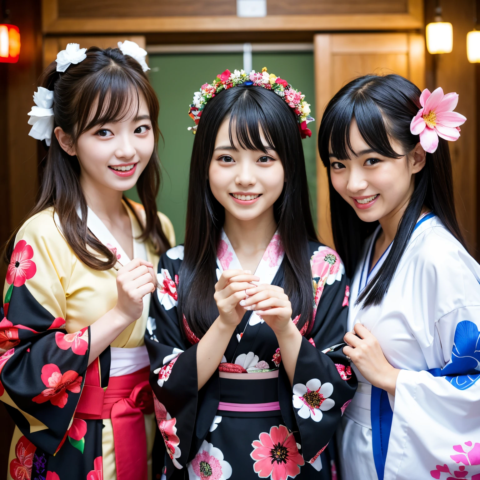 Best-quality, Masterpiece, Ultra-High-Resolution, (Photorealistic:1.4), Raw-Photo, Extremely-Details, Perfect-Anatomy,
3girls, all agers, all members of the most popular Japanese idol groups, having a lot of fun at home drinking party, (((all completely drunk and high on illegal drugs, all laughing out loud))),
all wearing Japanese KIMONO with cute design, detailed Japanese KIMONO with cute design,
all extremely cute faces like a popular Japanese idol, all extremely beautiful big black solid circle eyes, all extremely beautiful colorful hair, all extremely beautiful realistic skins,
detailed cute faces, detailed beautiful big black solid circle eyes, detailed beautiful colorful hair, detailed beautiful realistic skins