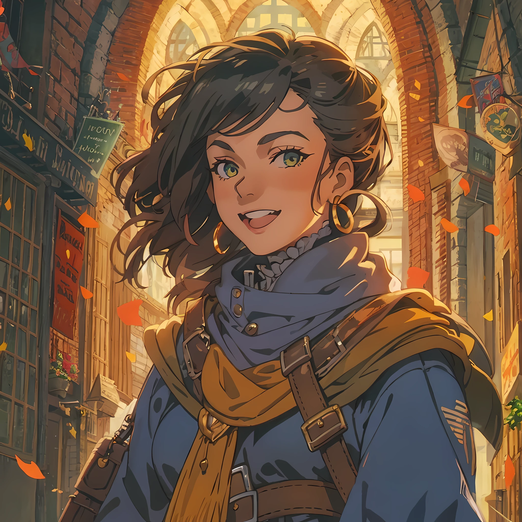 Portrait of a Solo heroic female adventurer in a medieval high fantasy ISEKAI setting, vibrant colors, upbeat tone, energetic, happy to see you, 90's, vintage feel