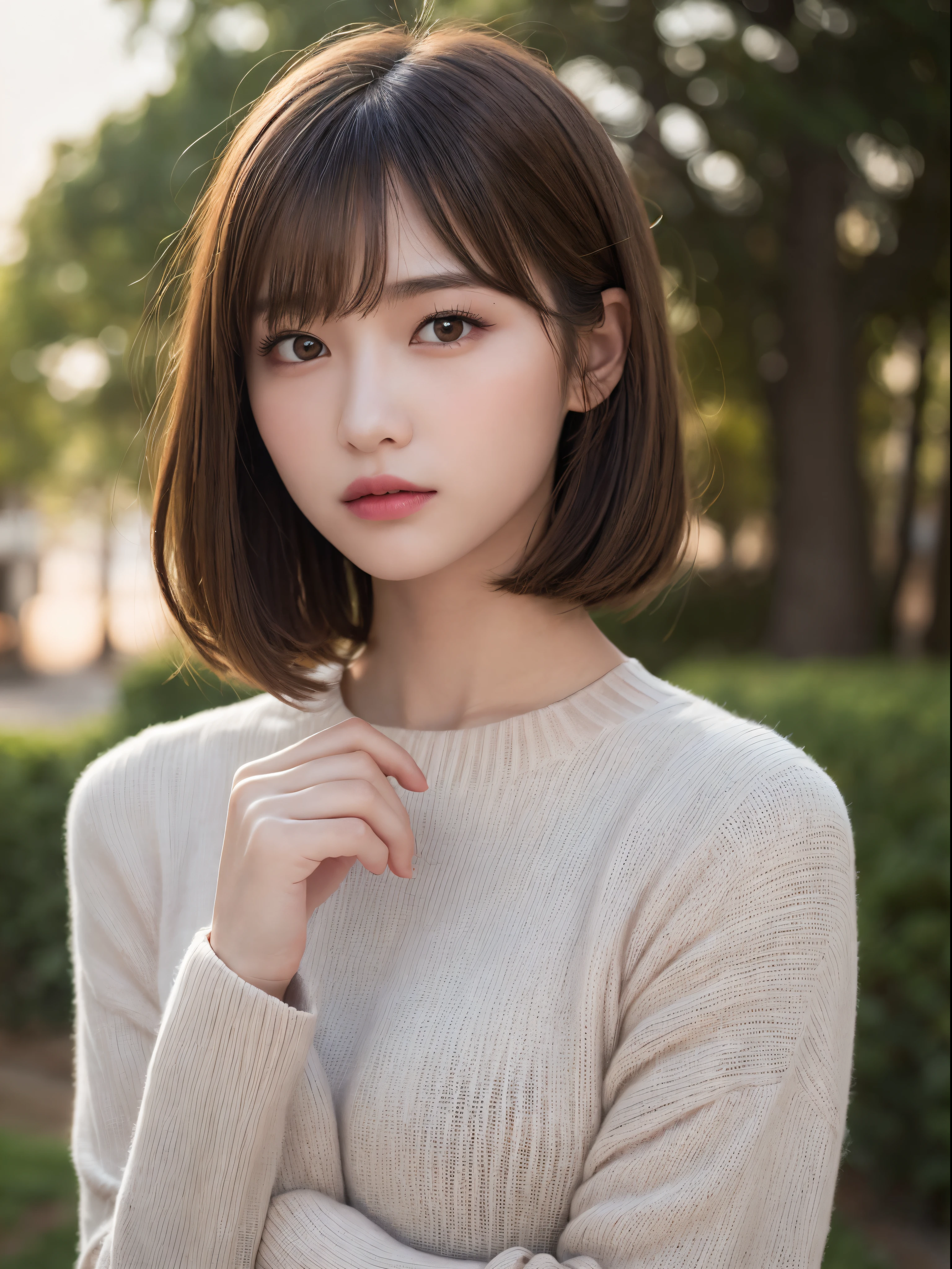 ((NSFW))、(masterpiece:1.5)、(8K)、(Photorealsitic:1.5)、Raw photography、(Top image quality:1.4)、(foco nítido:1.5)、 top-quality、masterpiece、超A high resolution、Perfect dynamic composition、 20 years old、slender、prety woman:1.4、serious facial expression、 she is wearing a purple long sleeve knit dress.、 light brown hair、bob cuts、Glowing hair、 Super Detail Face、A detailed eye、二重まぶた、 Natural Color Lip、Transparent skin、