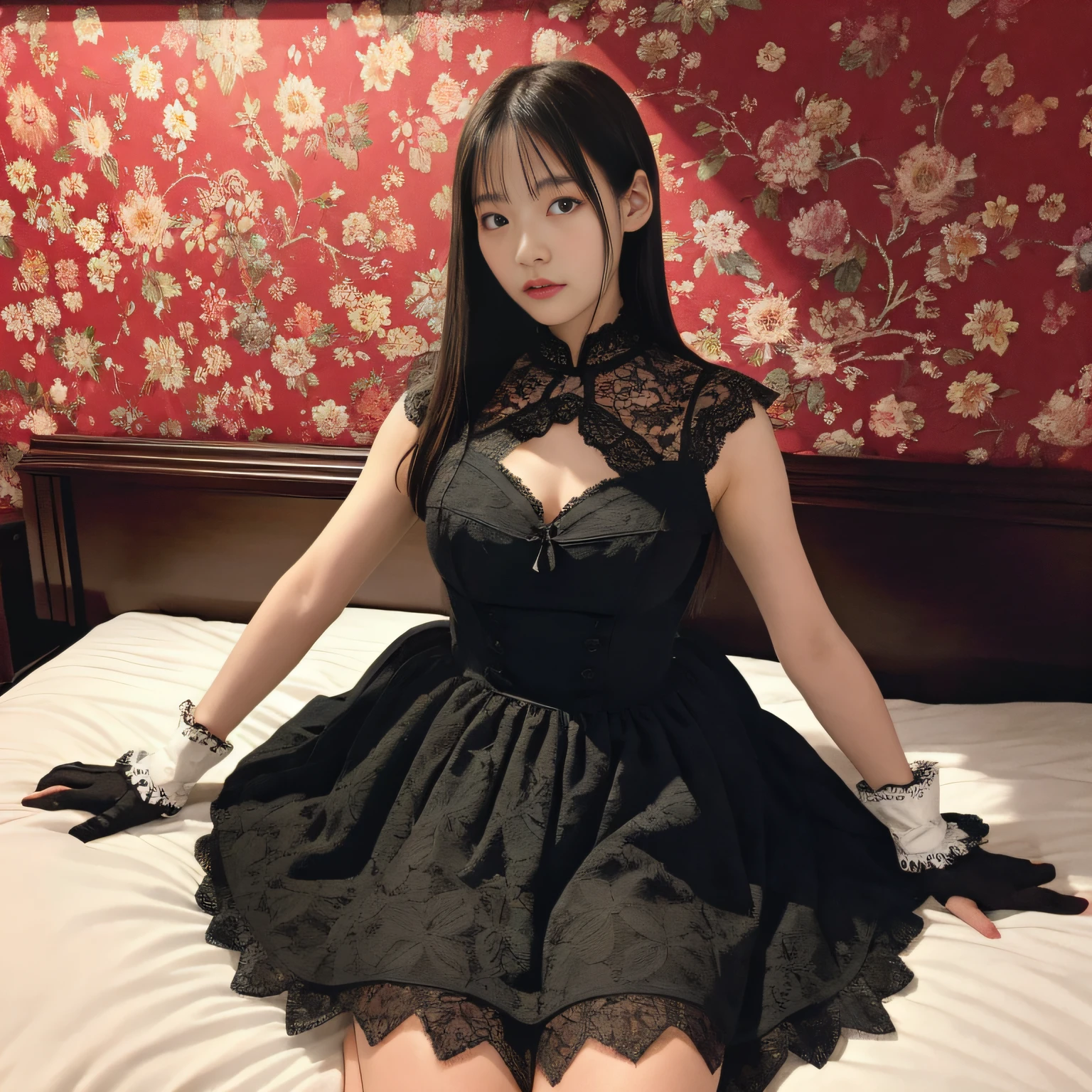 Draw only one person、8K picture quality、masterpiece、Wearing a camisole-like dress made of black lace fabric、I'm wearing gloves that go up to my elbows。.、Japanese woman with long straight black hair、kneeling in my room at night, Places where extremely large numbers of records are scattered.、Turning your body towards you、The wallpaper is dark red、Contains a small golden flower pattern.、indirect lighting