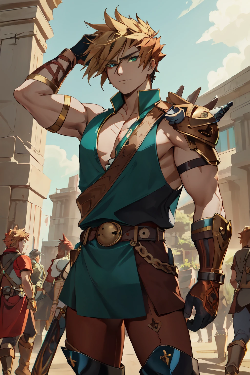 A wide angle full-length shot of Zepheus, Zepheus has a lean yet muscular warrior’s build, dirty blonde hair styled in a swept-back spiky manner partially covering one piercing blue-green eye, His fair olive skin tone contrasts with his hair, Defined facial features like jawline and cheekbones, His outfit features a combat dark blue-green tunic with gold embellishments and intricate patterns, Greek-style leather greaves and vambraces have steampunk-esque accents, Earth-toned fantasy boots are accented in bronze and copper, a metal wolf skull pauldron over one shoulder adds a touch of fantasy, Red colored trim details throughout the ensemble tie the look together and symbolize Zepheus’ connection to underworld deities and realms, his design reflects his unique heritage and conflicting loyalties, 4K, masterpiece, high details, 4K, cloud strife, shoulder armor, sleeveless turtleneck, suspenders, belt, baggy pants, gloves, bracer, boots, ZagreusHades, ootLink, hat, green tunic, belt, fingerless gloves, boots, weapon on back,