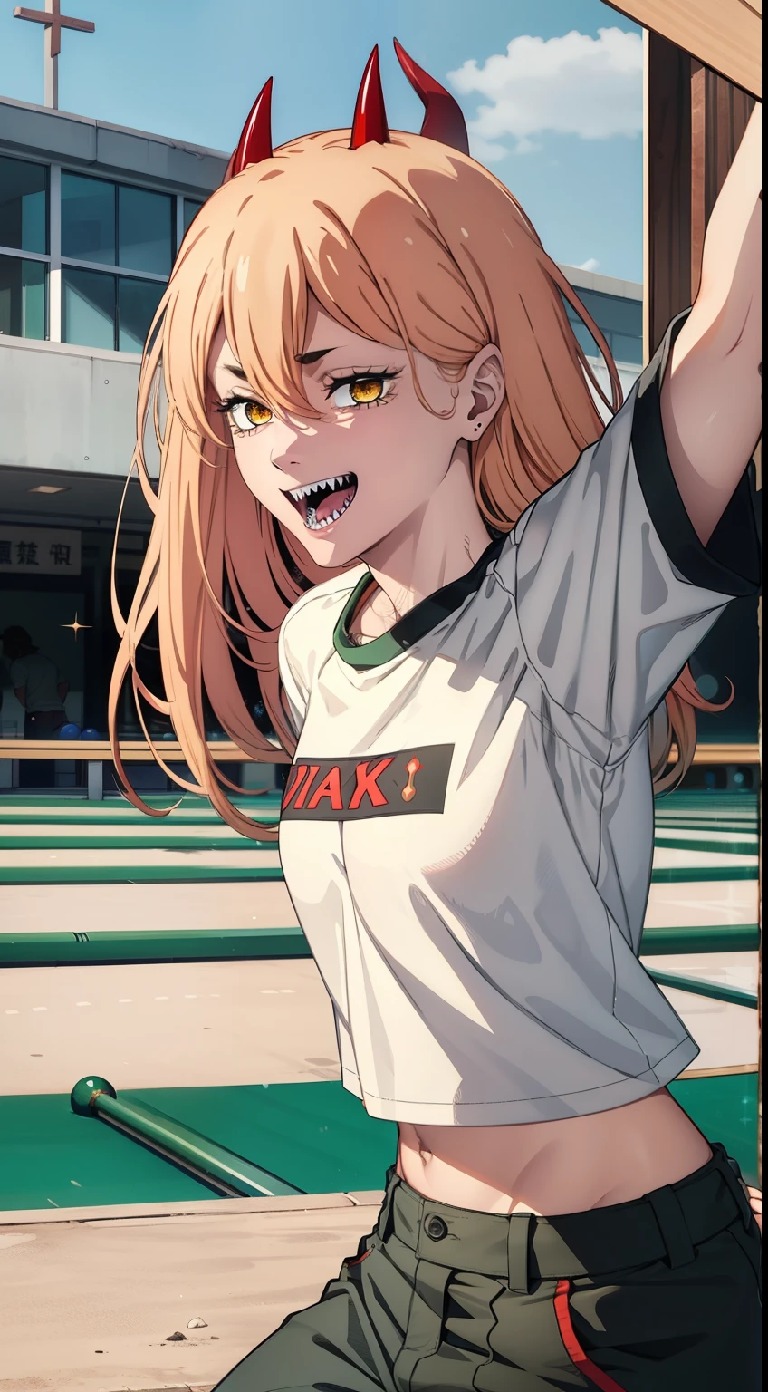The woman, 1girl in, hairlight, Blonde hair, Hair long, power \(Hmm\), Yellow eyes, serrated teeth, sharpteeth, sharpteeth, symbol-shaped pupils, cross-shaped pupils, Evil smile, Eye-catching visuals, Reddened face, full scene, white shirt, black pants, tuck up pants, Red sneakers, Small chest, banya, red horns, (Detailed background: bowling club, exterior), Laughter Pose, Sparkly skin, A detailed face, A detailed eye, 独奏, Odin, Perfect Anatomy, Mika for sample, swollen crotch,,,, Cowboy Shot, dynamicposes, example of perfection, Dynamic, ighly detailed, Facing the viewer, Obscene expressions, Shima subjective