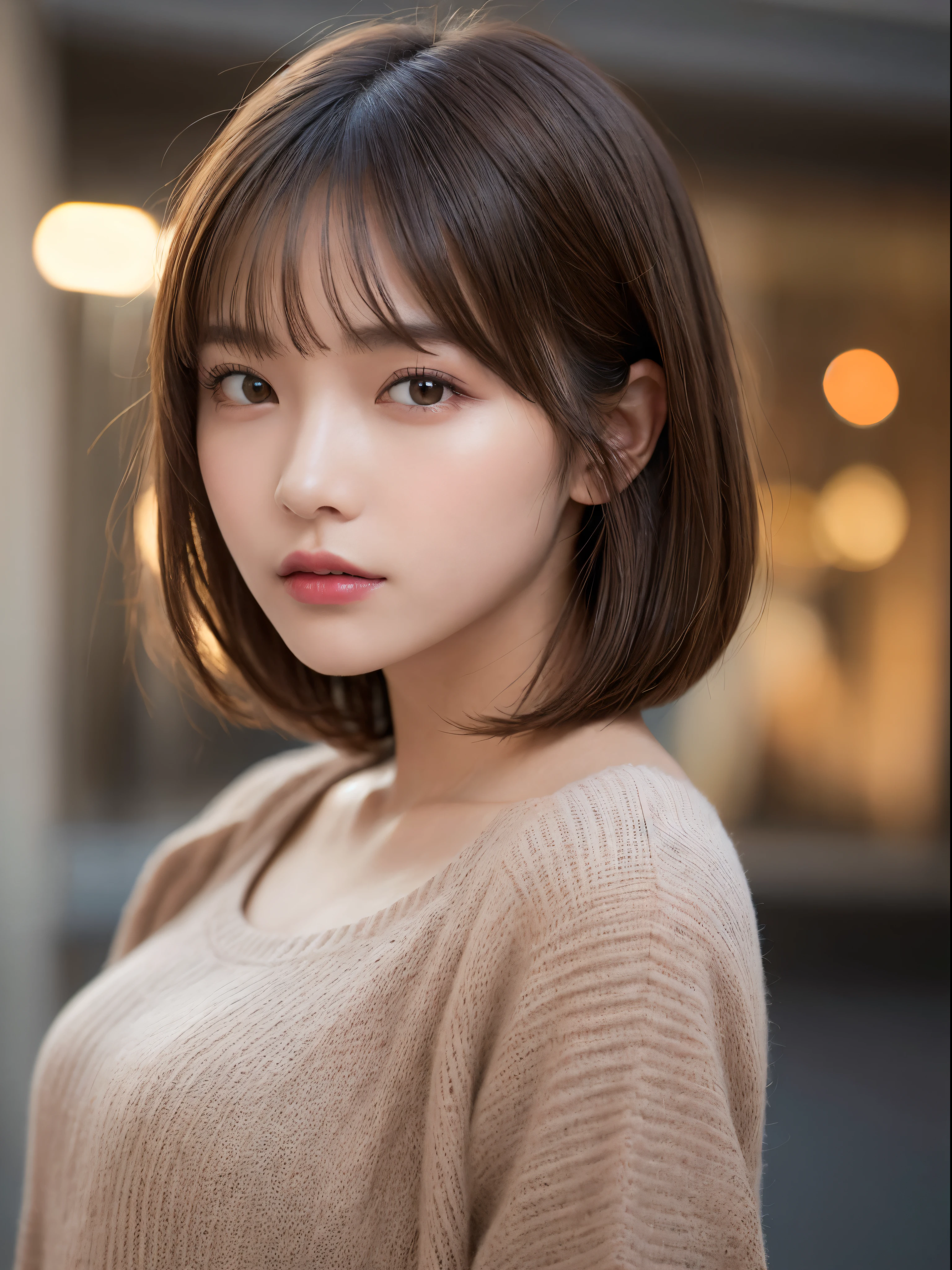 ((NSFW))、(masterpiece:1.5)、(8K)、(Photorealsitic:1.5)、Raw photography、(Top image quality:1.4)、(foco nítido:1.5)、 top-quality、masterpiece、超A high resolution、Perfect dynamic composition、 20 years old、slender、prety woman:1.4、serious facial expression、 She is wearing a dark purple long sleeve knit dress.、 light brown hair、bob cuts、Glowing hair、 Super Detail Face、A detailed eye、二重まぶた、 Natural Color Lip、Transparent skin、