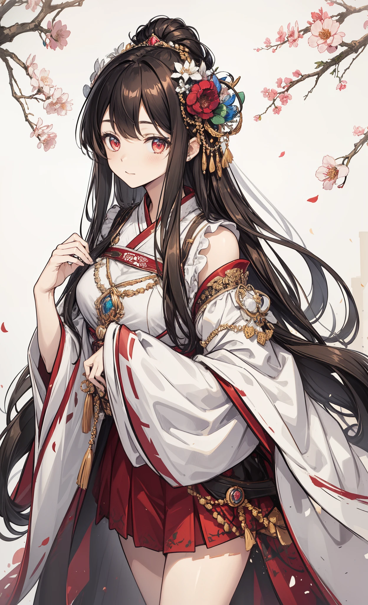 (tmasterpiece:1.2),Atdan, 1 plump girl, Alone, Branch, flowers blooming, jewely, a skirt, ear nipple ring, that tree, through bangs, Long gray hair, hair adornments, view the viewer, Chinese clothes, black hair color hair, hairflower, Brown hair, shoulder, Very long hair, Wide sleeves, longer sleeves，Light red eyes