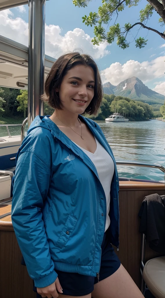 smiling woman in blue jacket on a boat with trees in the background, this person does not exist, a mountain look like a women, short and stocky body, frumpy figure, very thin lips, butch lesbian, androgynous, short brown hair, sqaure shaped head, pale skin, weathered face, 40 years old, middle-aged, entire body visible