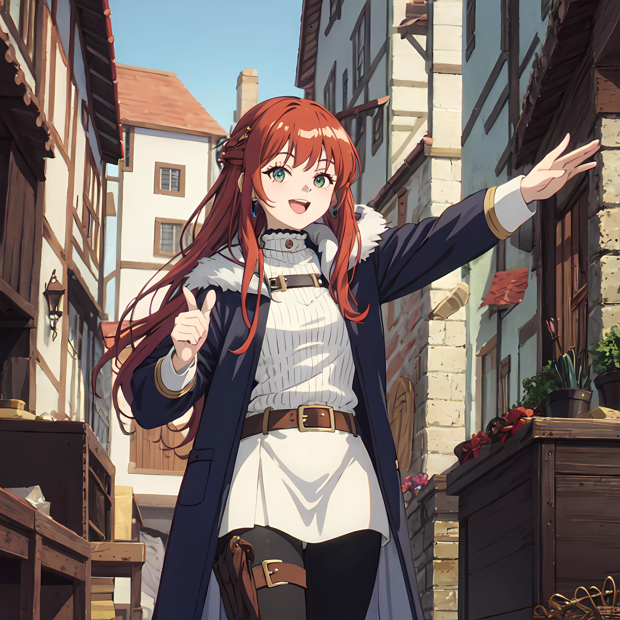 Portrait of a Solo heroic female adventurer in a medieval high fantasy ISEKAI setting, vibrant colors, upbeat tone, energetic, happy to see you, 90's, vintage feel